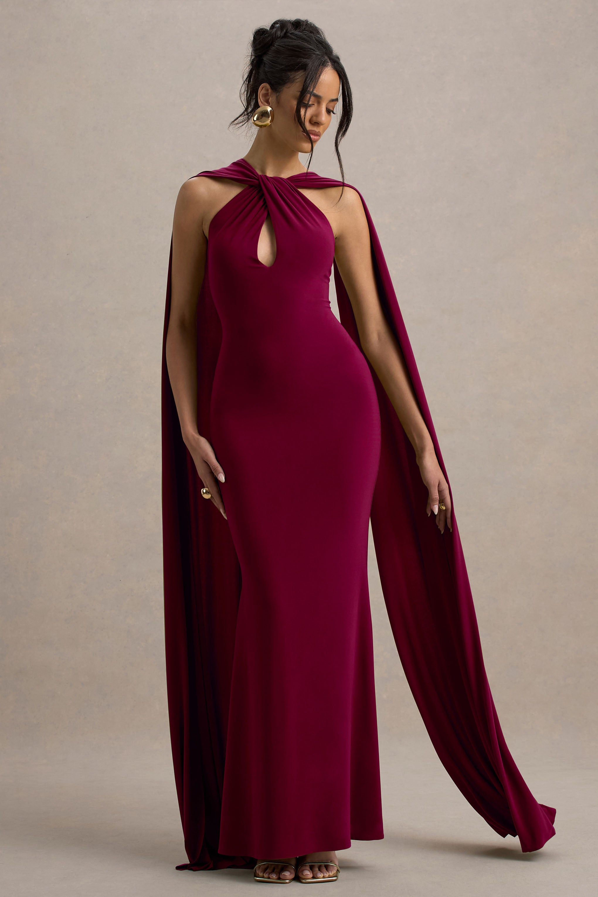 Rhoda | Burgundy Twist Halter-Neck Cape Maxi Dress