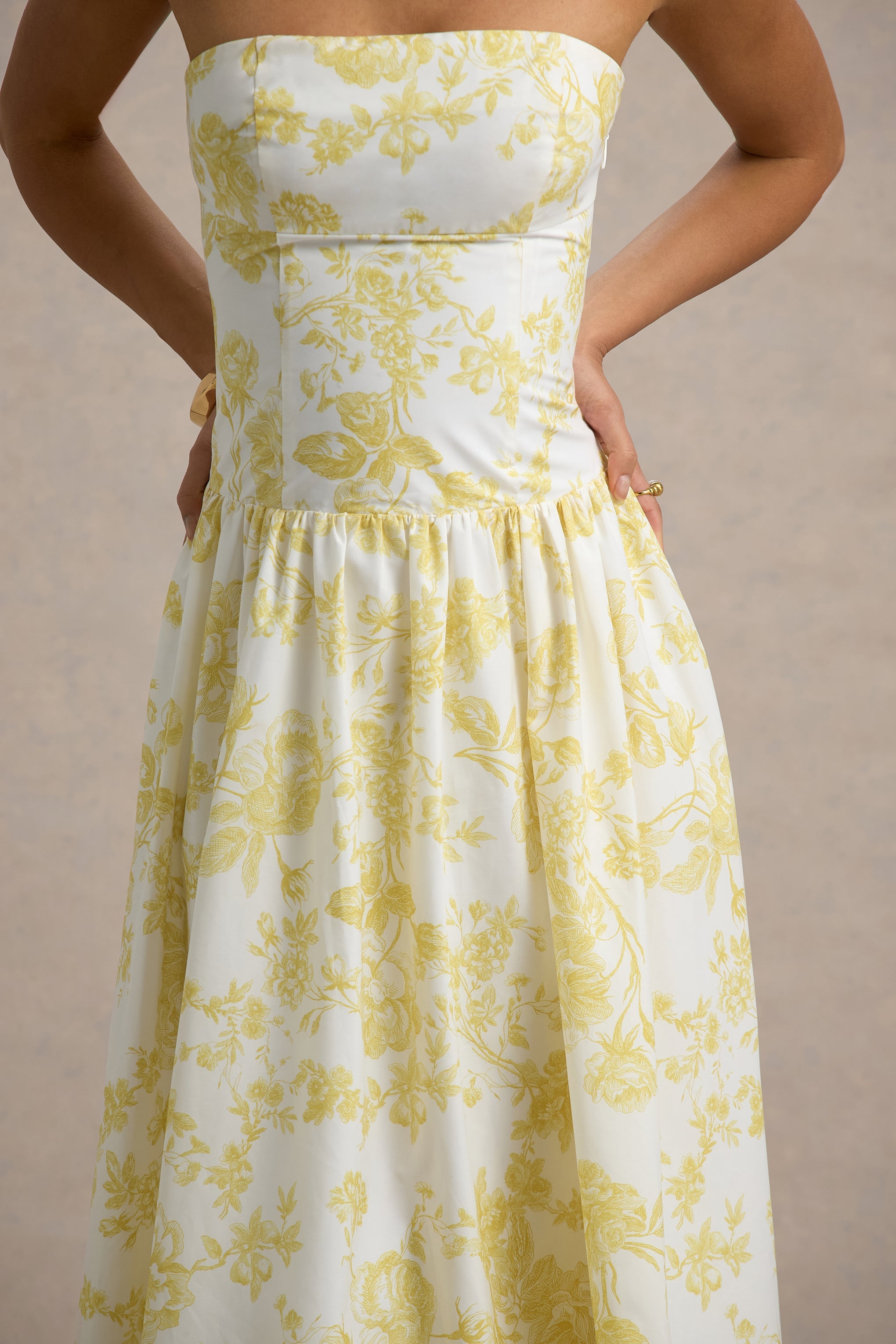 Bluebell | Lemon Porcelain Print Poplin Bandeau Drop-Waist Midi Dress