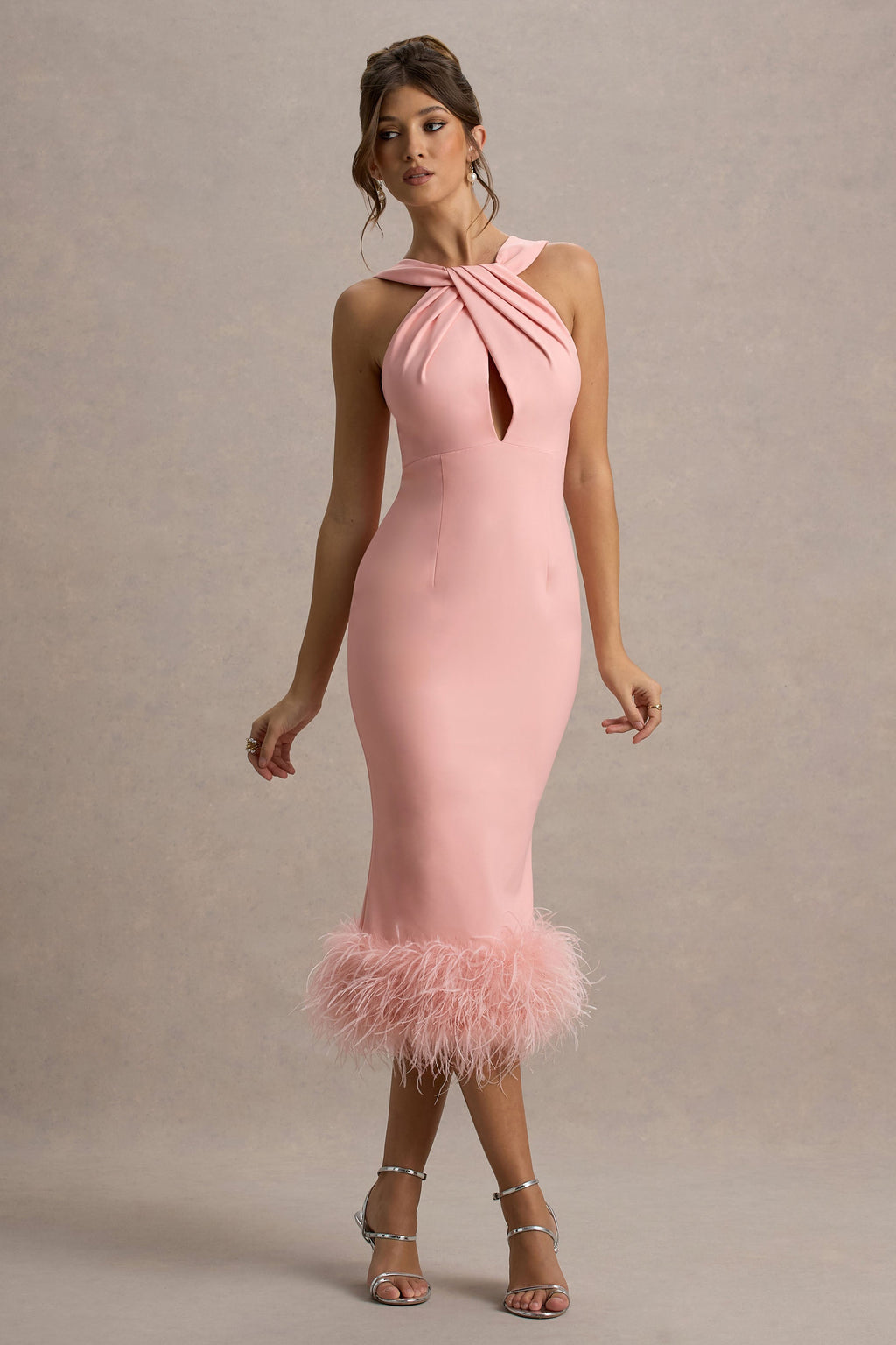 Titania | Pink Twist-Neck Feather Hem Midi Dress