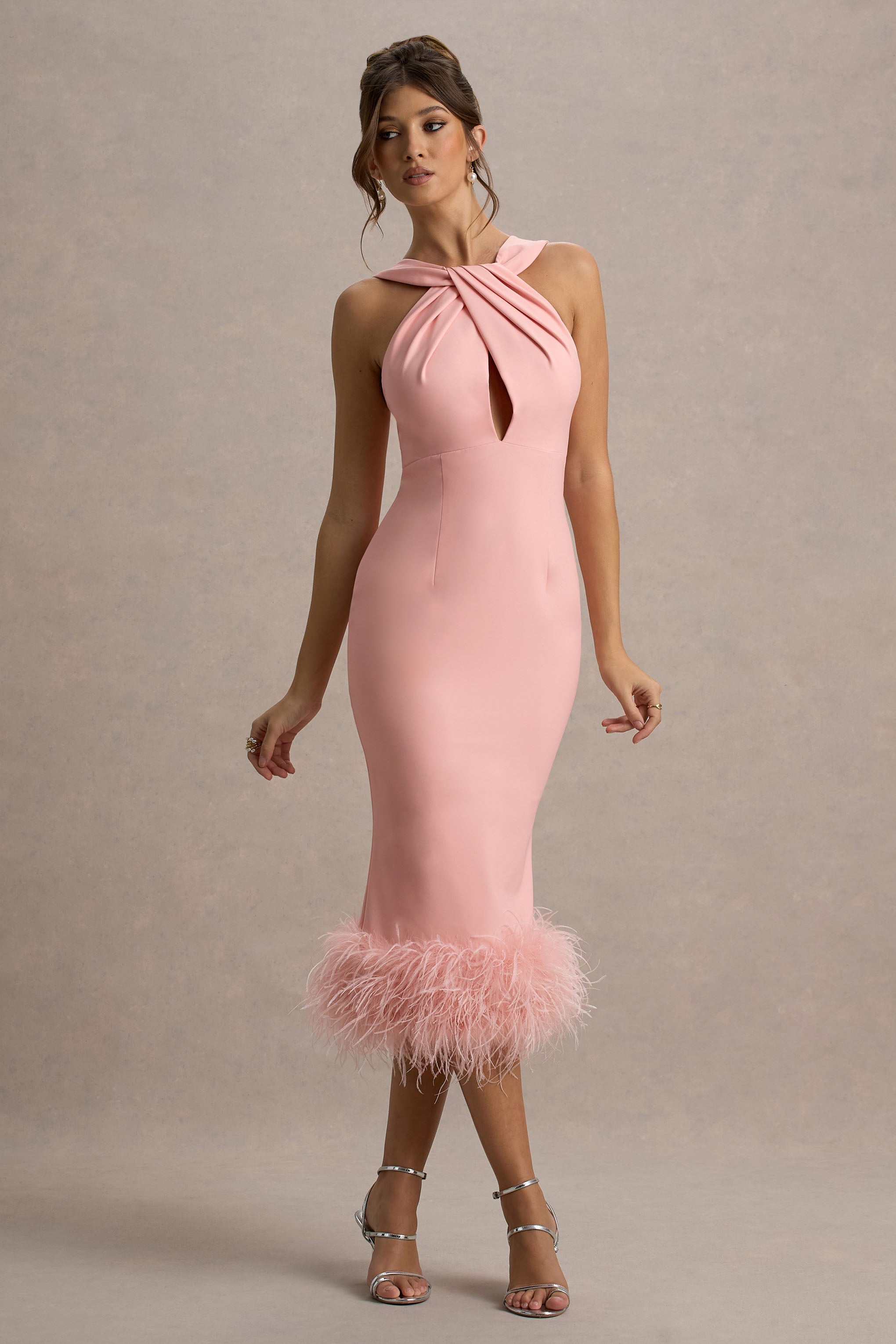 Titania | Pink Twist-Neck Feather Hem Midi Dress