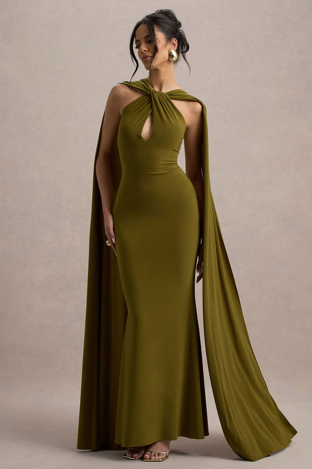 Rhoda | Green Twist Halter-Neck Cape Maxi Dress
