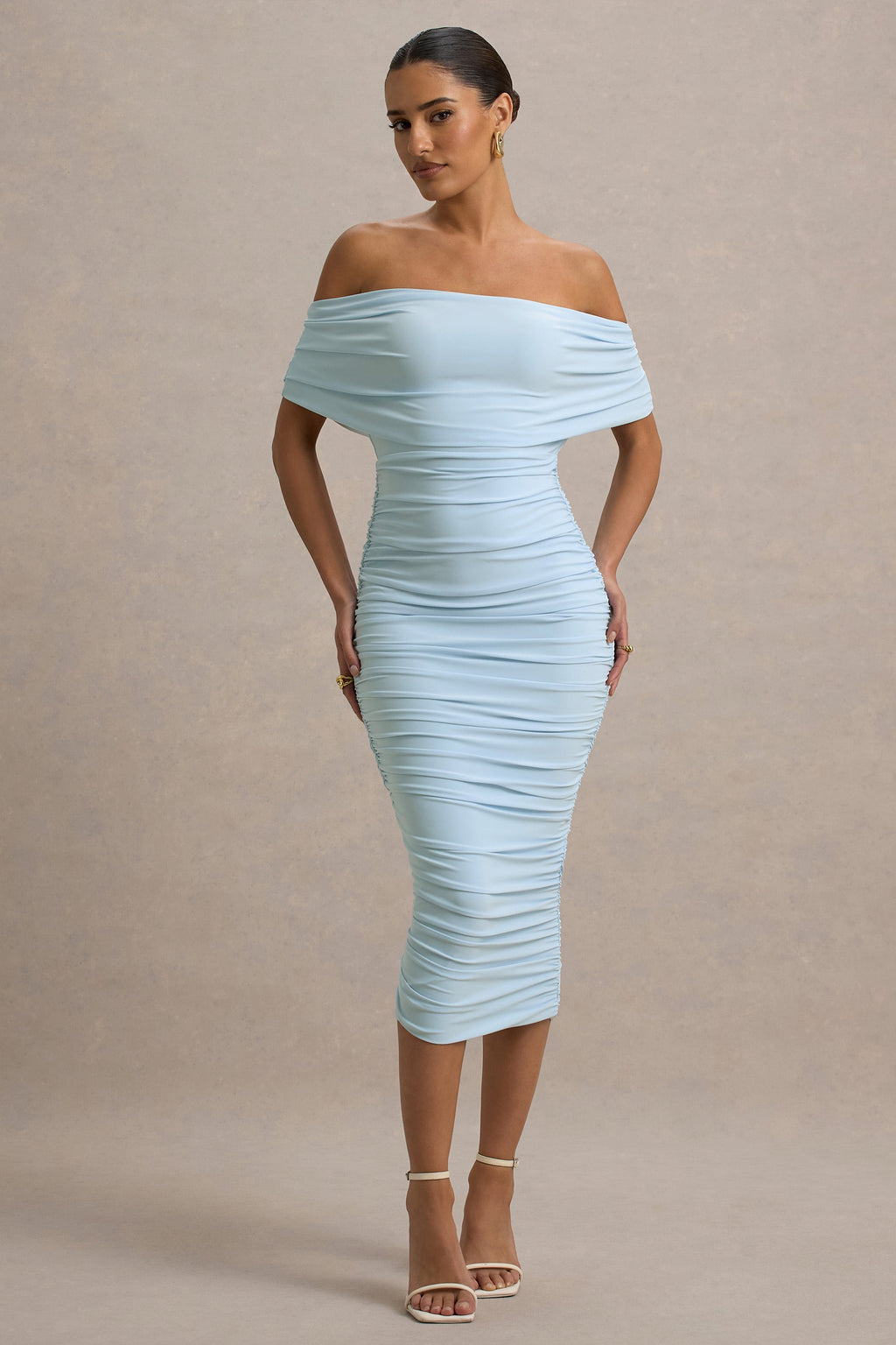 Rayleigh | Powder Blue Bardot Ruched Midi Dress