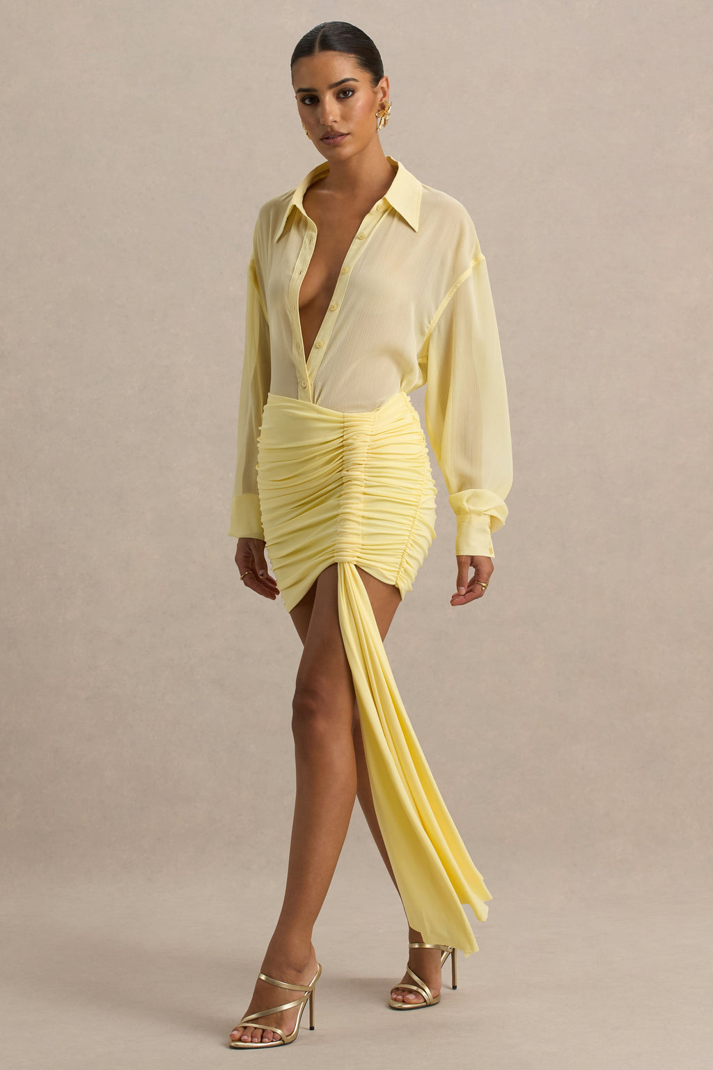Katelyn | Lemon Ruched Wrap Mini Skirt With Sash