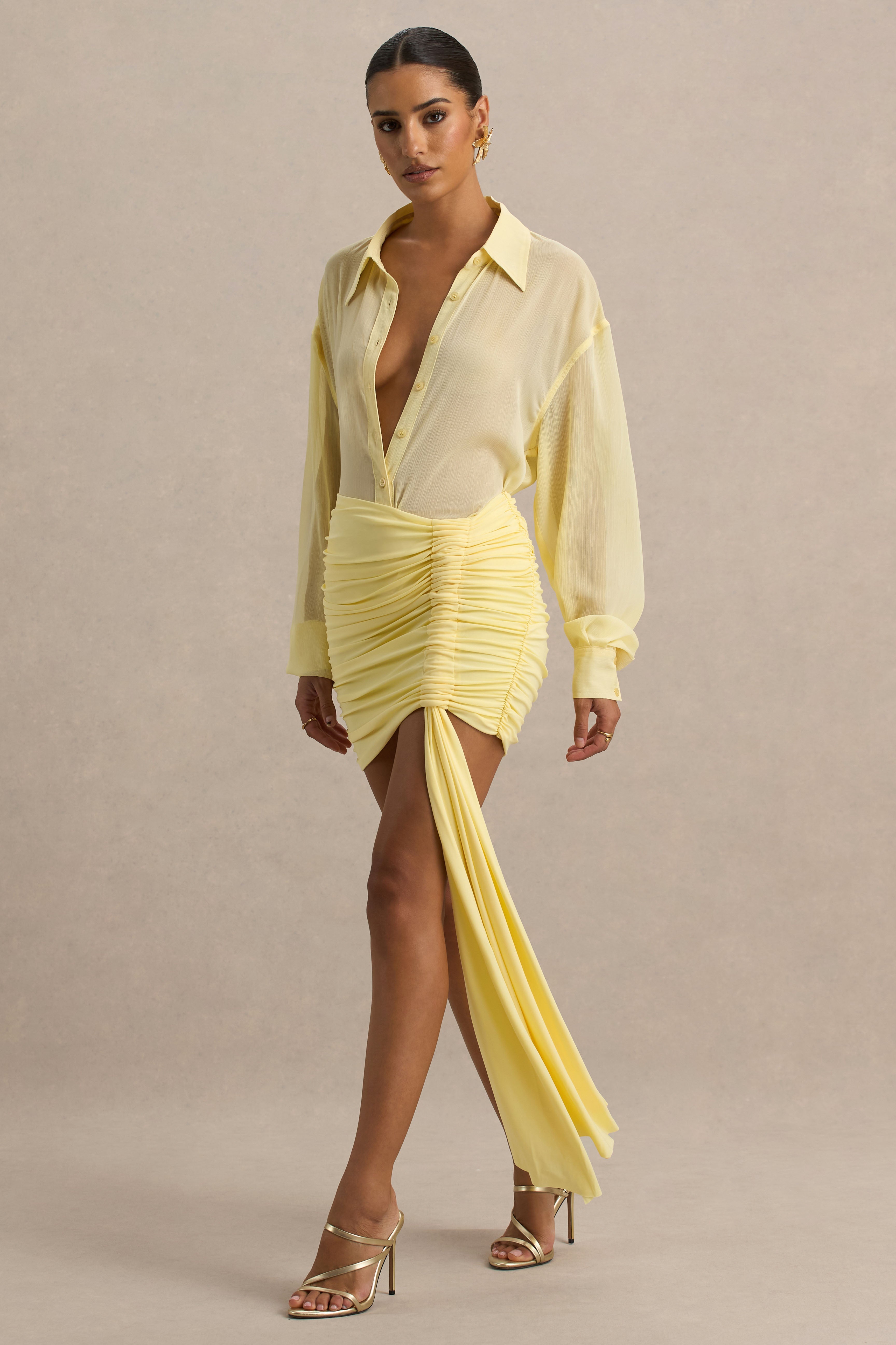 Katelyn | Lemon Ruched Wrap Mini Skirt With Sash