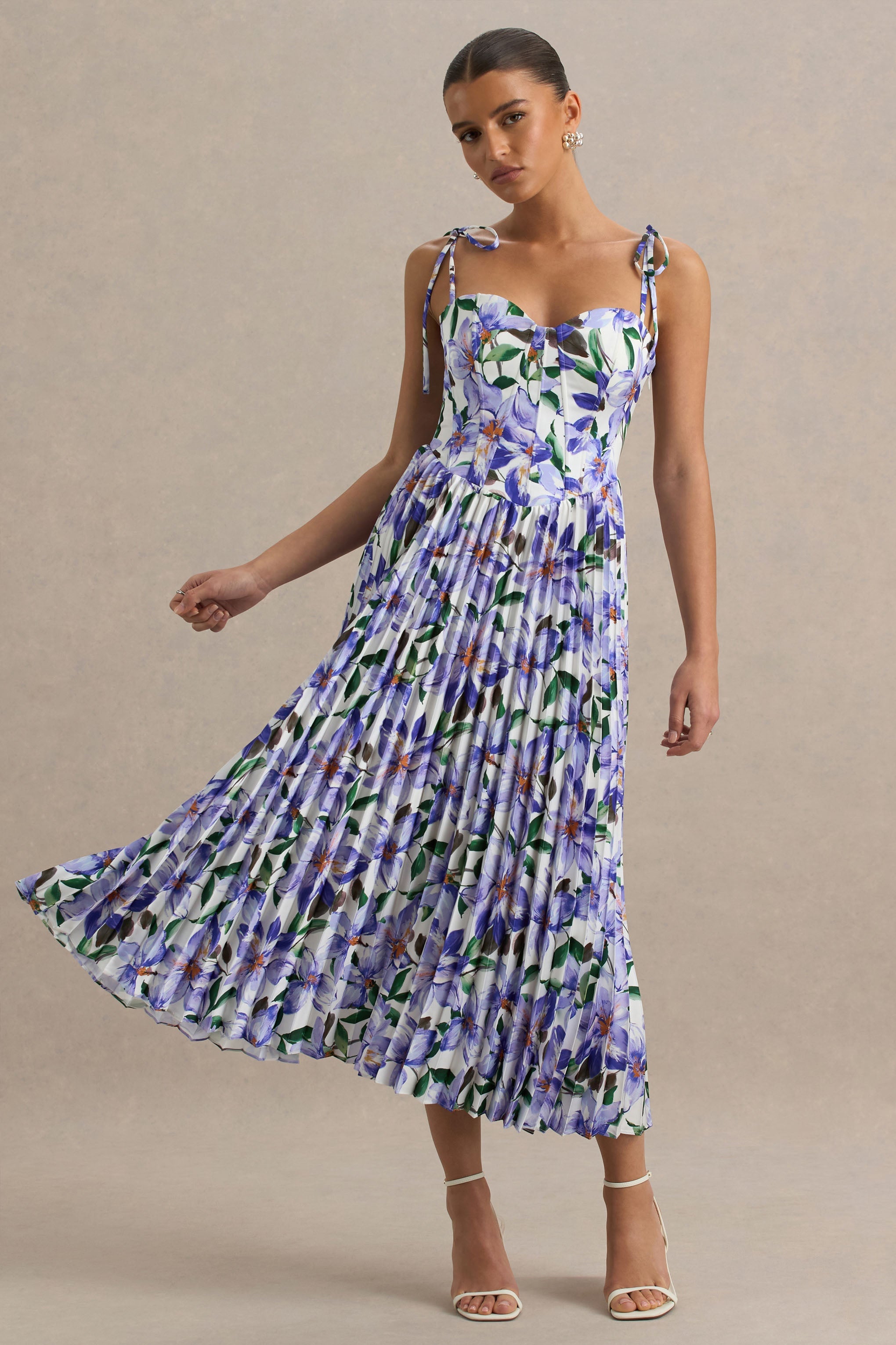Peyton | Purple Lily Print Satin Sweetheart-Neck Midi Dress With Pleated Details