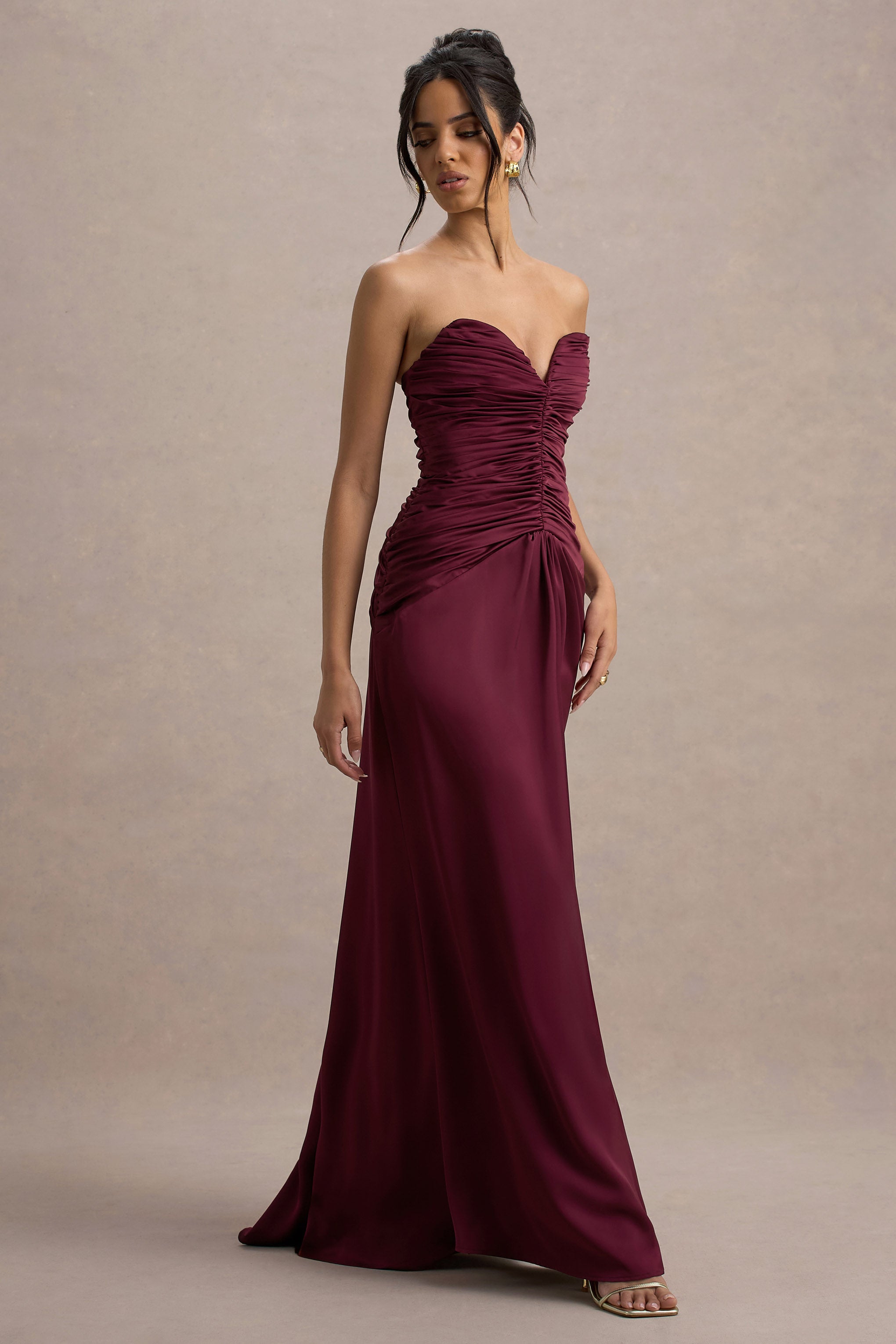 Desirie | Burgundy Satin Sweetheart Gathered Maxi Dress