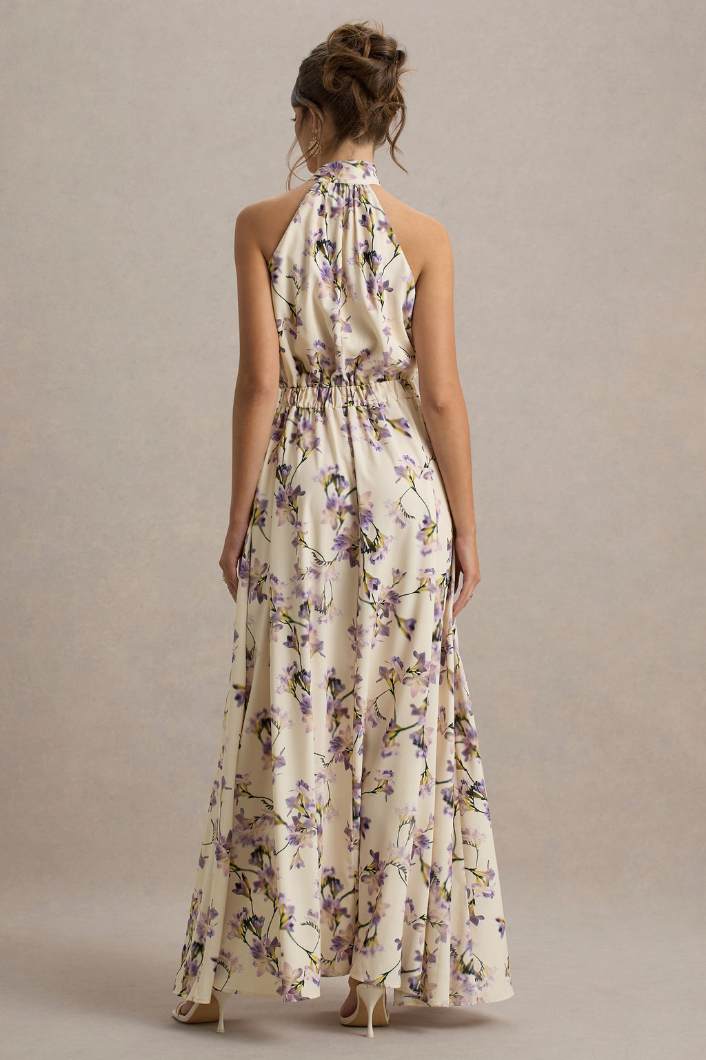Talia | Lemon Floral Print High-Neck Split Maxi Dress With Bow