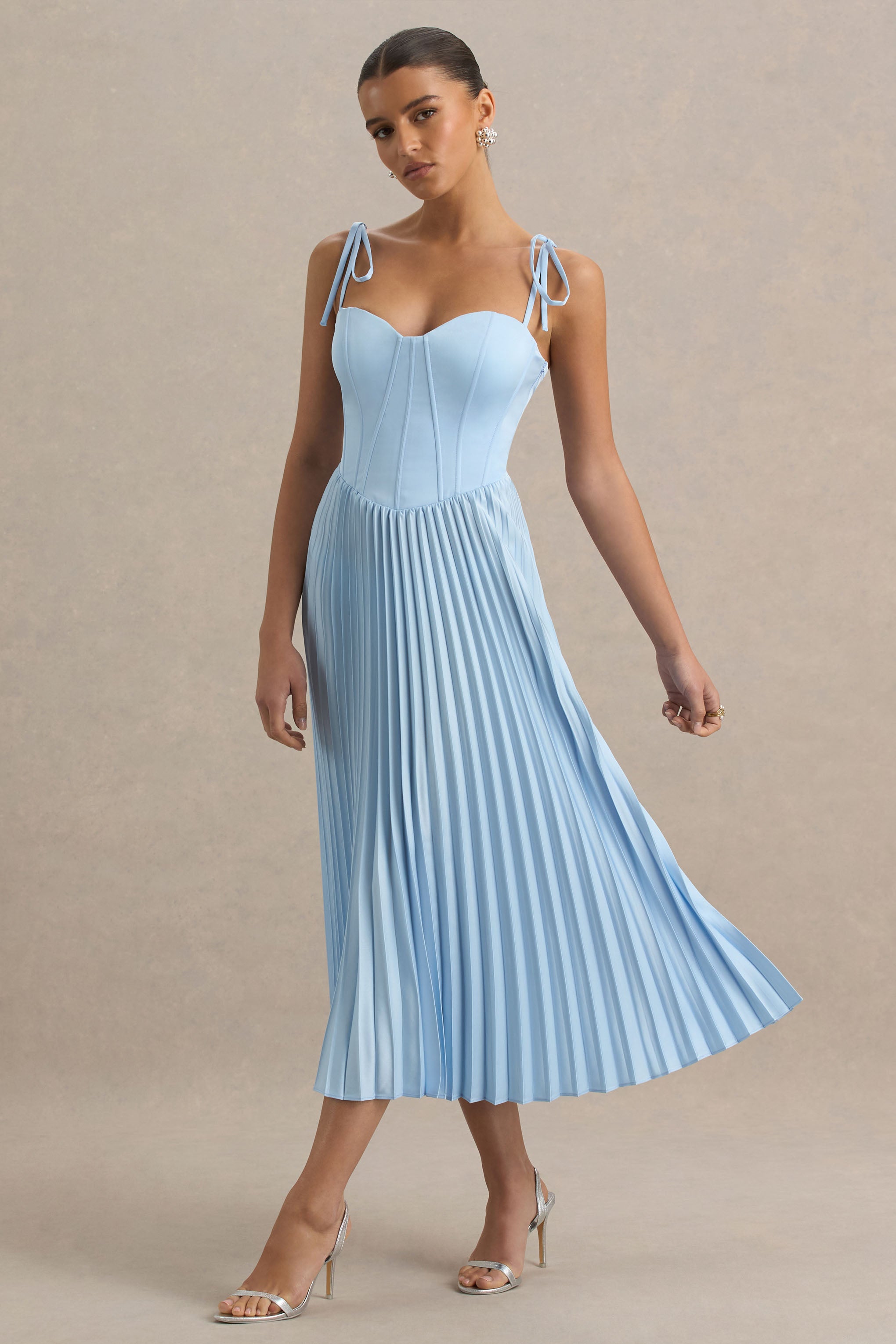 Peyton | Powder Blue Satin Sweetheart-Neck Midi Dress With Pleated Details