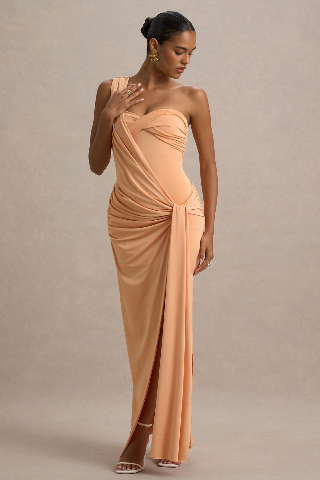 Erminia | Peach One-Shoulder Twist Wrap Maxi Dress