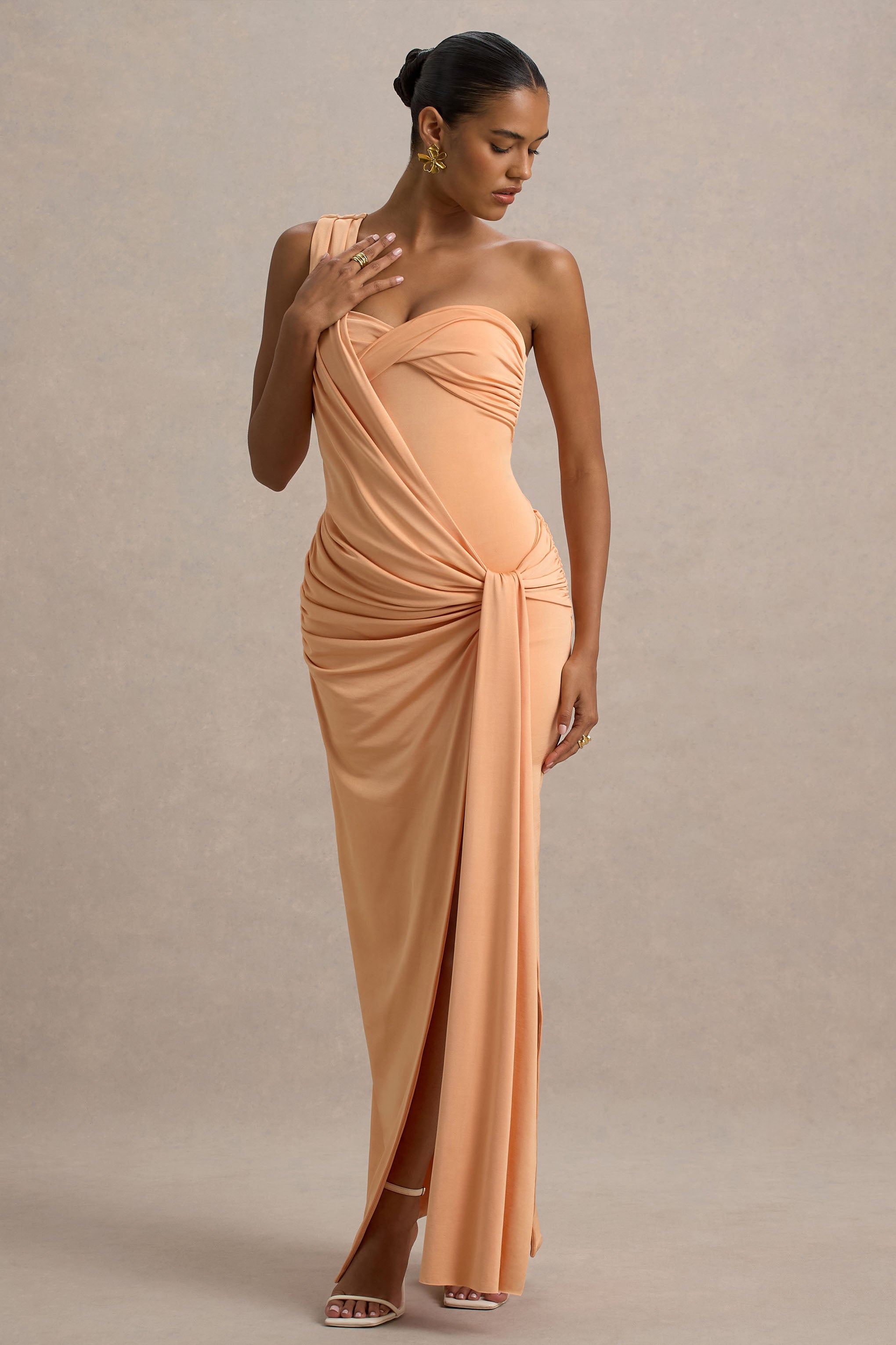 Erminia | Peach One-Shoulder Twist Wrap Maxi Dress