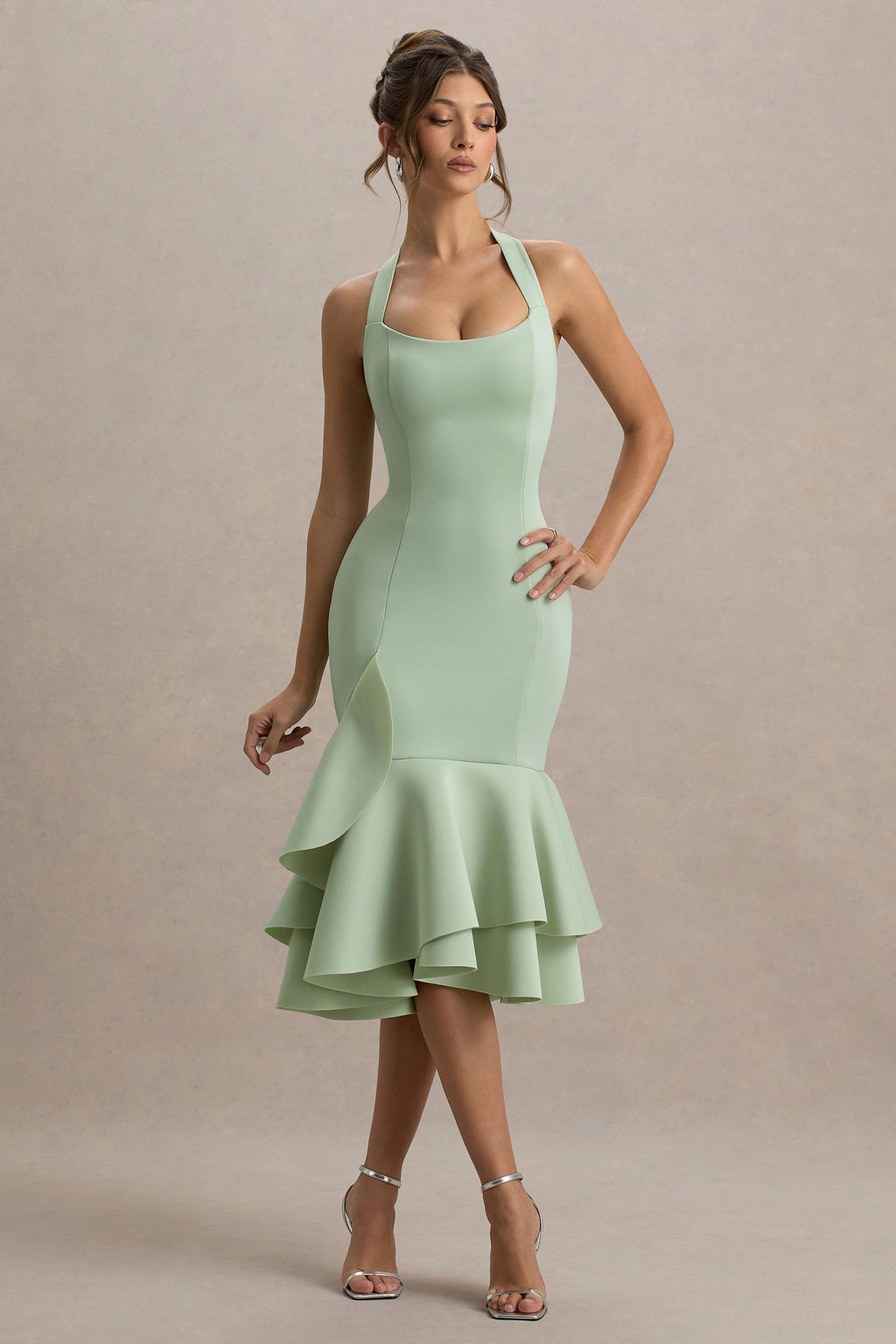 Arla | Light Green Halter Neck Ruffle Trim Midi Dress
