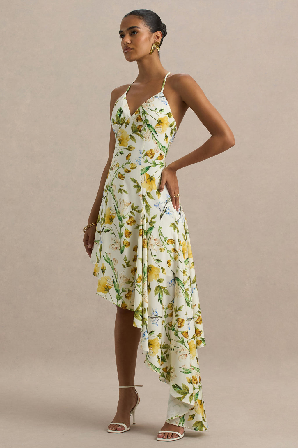 Glint | White Botanical Print Satin Plunge-Neck Maxi Dress With Asymmetric Hem