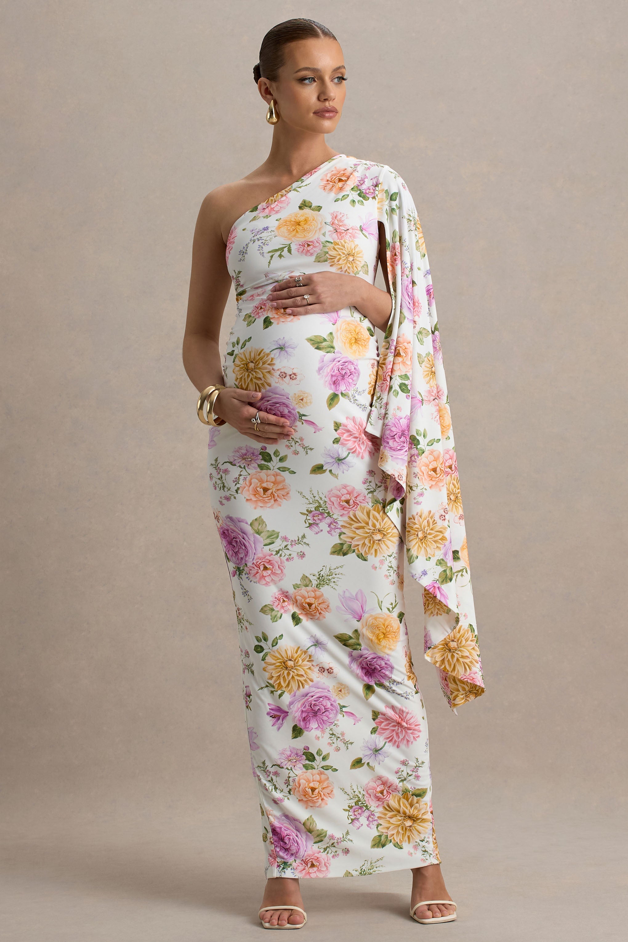 Aliana | Peach And Lilac Floral Print Asymmetric Maternity Maxi Dress With Ruched Detailing