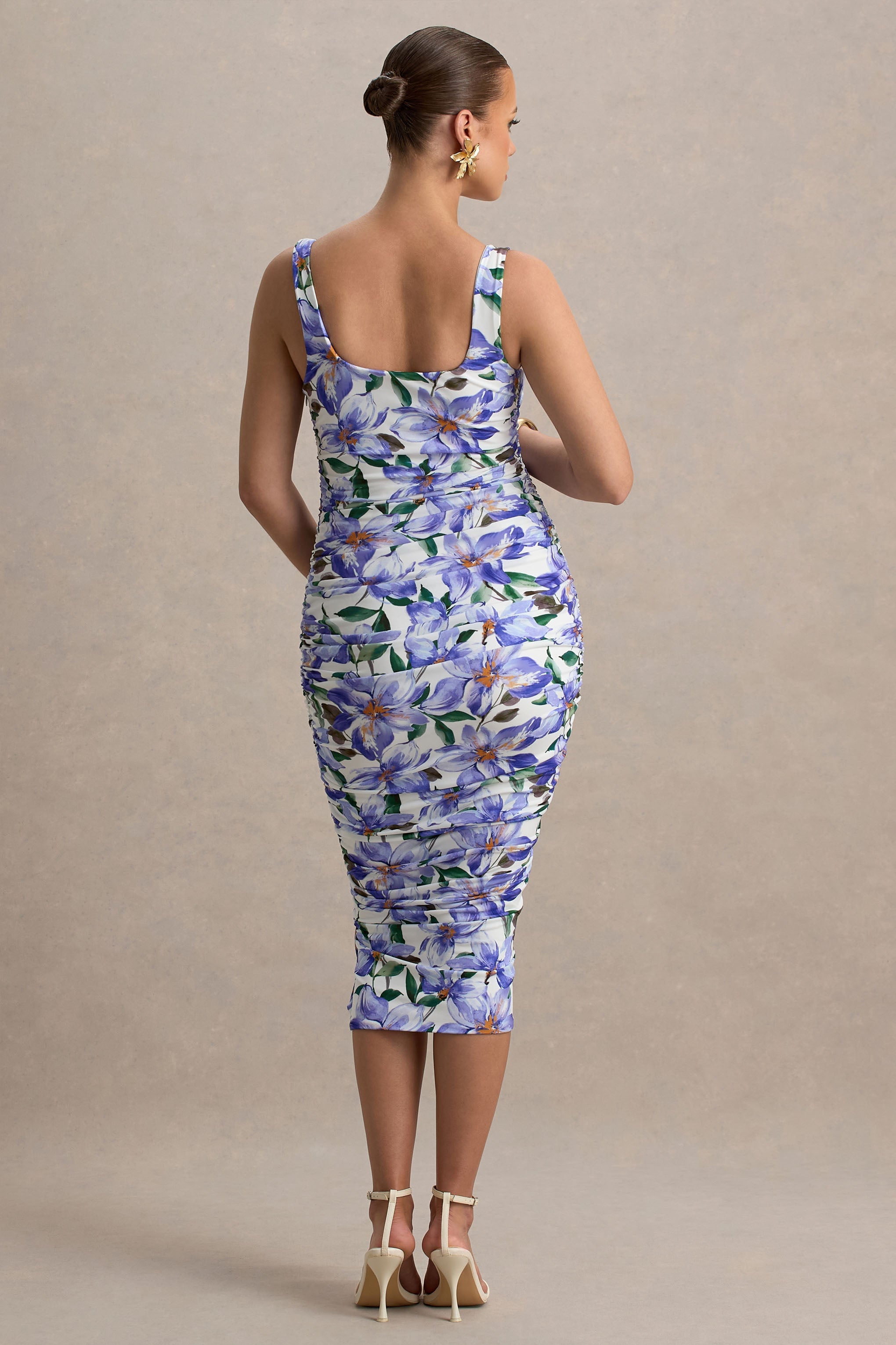 Lisbon | Purple Lily Print Maternity Square Neck Ruched Midi Dress