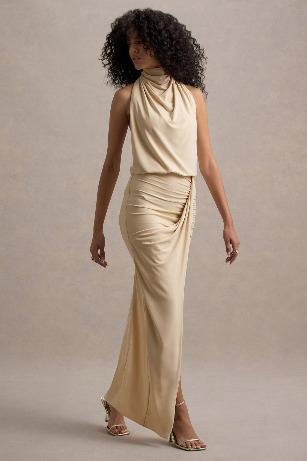 Hayden | Sand High-Neck Draped Split Maxi Dress