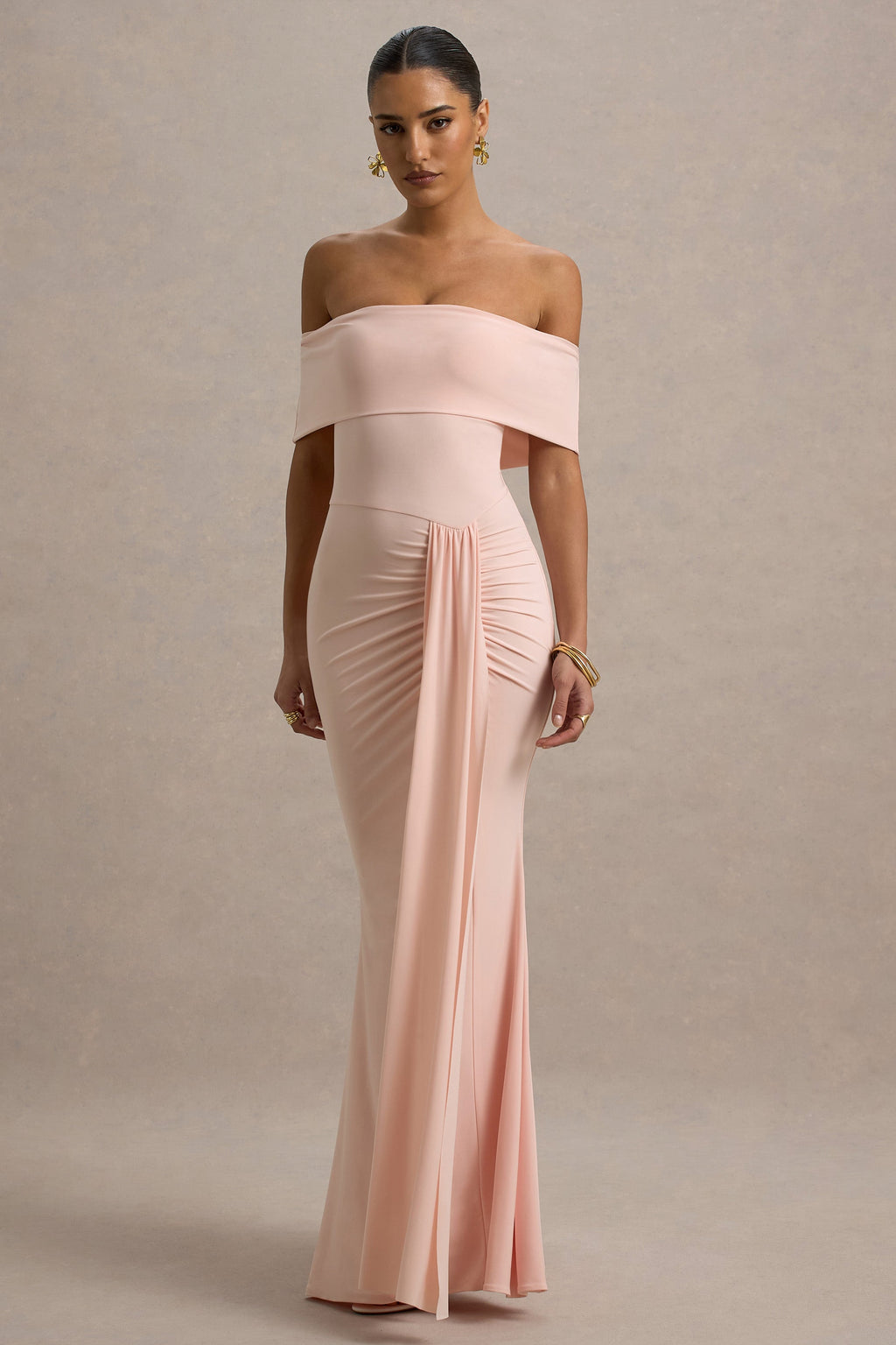 Delma | Pink Bardot Maxi Dress With Drape Detail