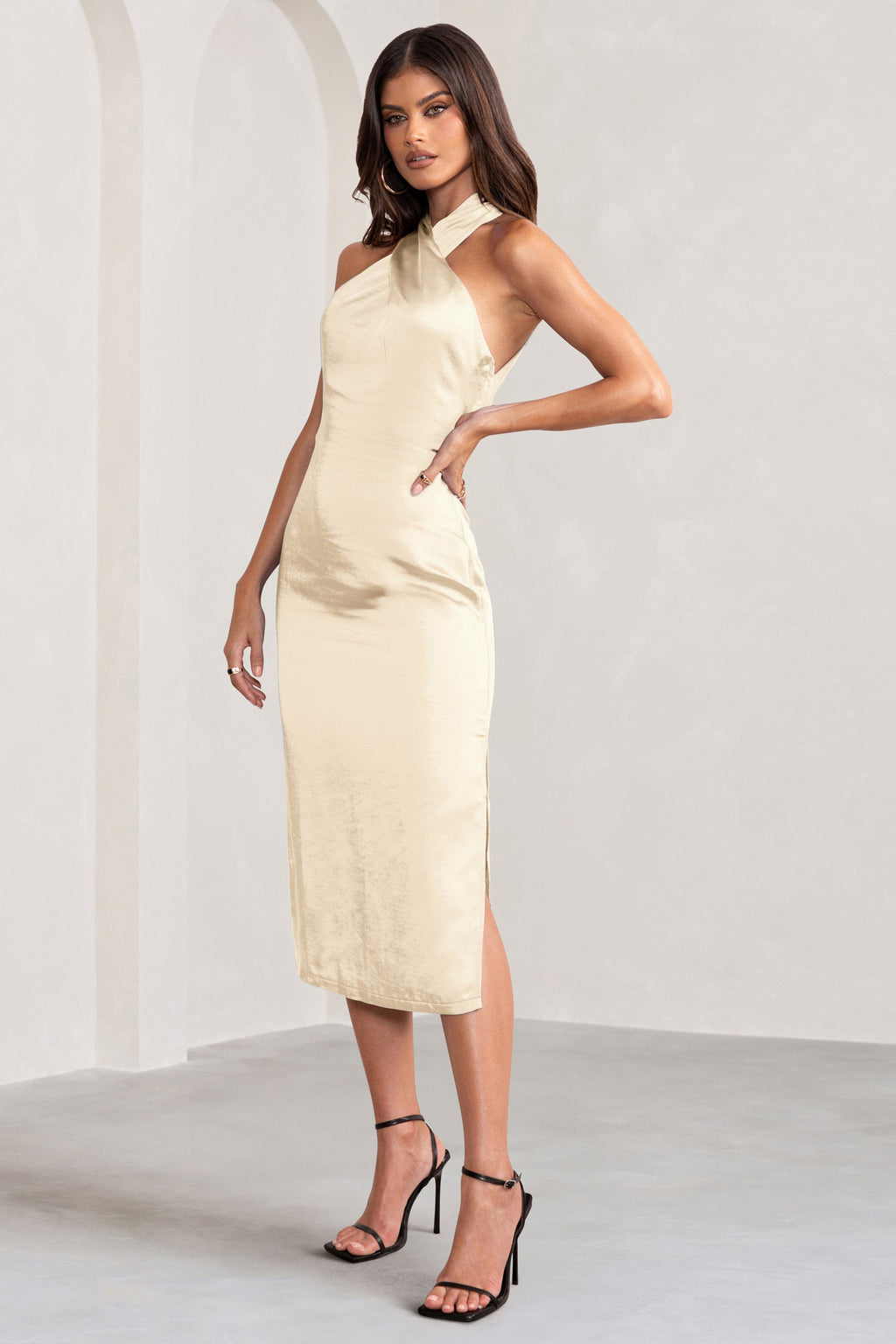 Dazzling | Champagne Satin Cross Over Halter Neck Midi Dress