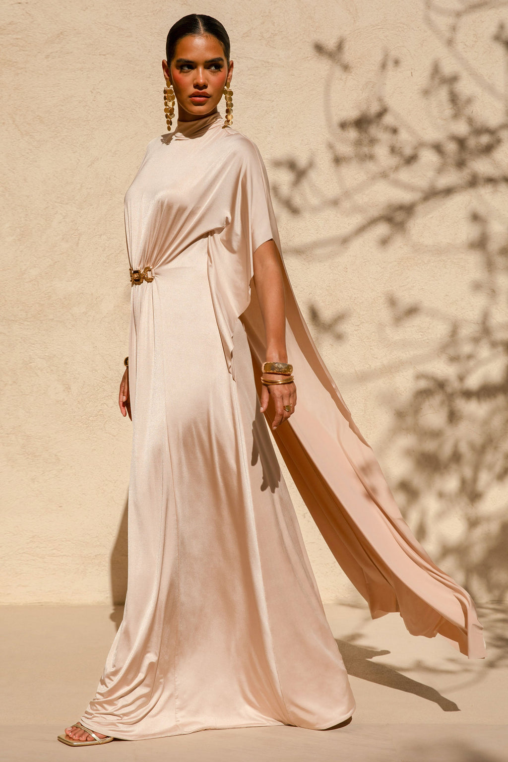 Olessia | Champagne Belted Gathered Cape-Sleeve Maxi Dress