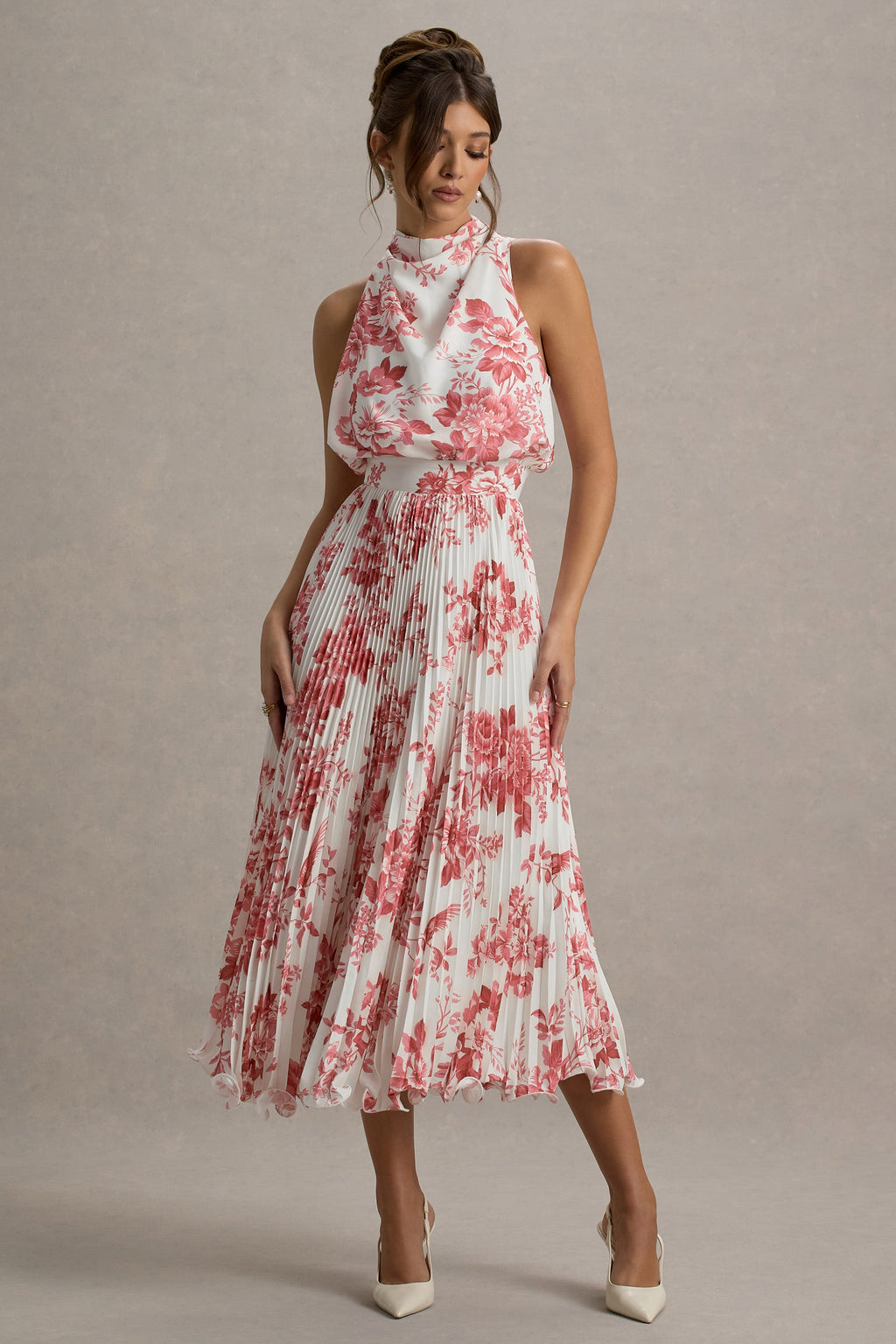 Nila | Pink Porcelain Print Cowl-Neck Midi Dress With Plisse Skirt
