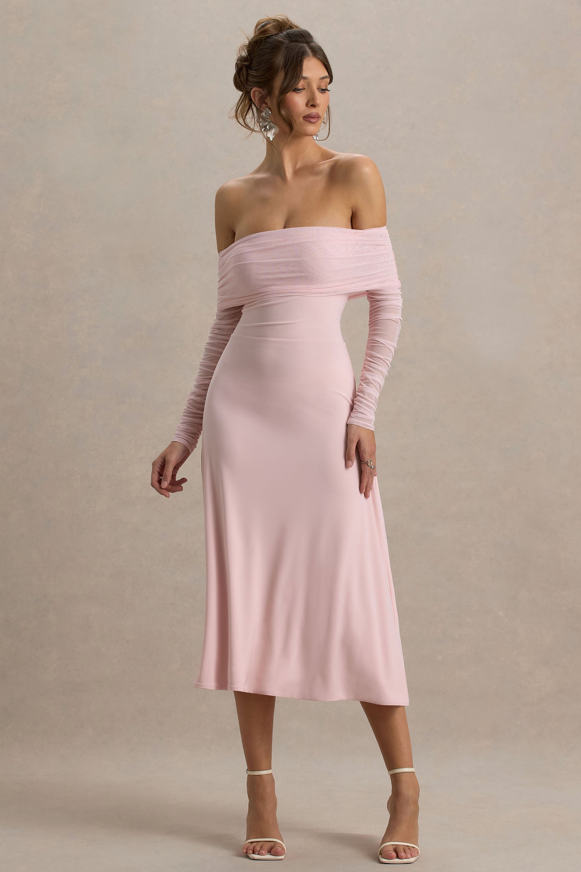 Flatter Me | Light Pink Bardot Midi Dress With Mesh Sleeves
