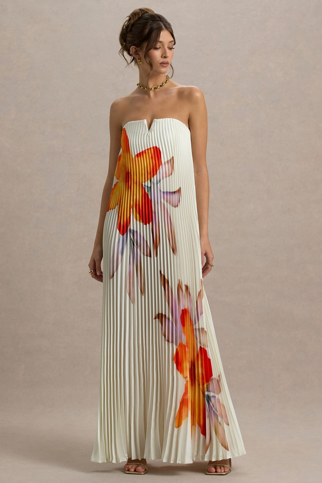 Bergamot | Orange Floral Satin Sweetheart Maxi Dress