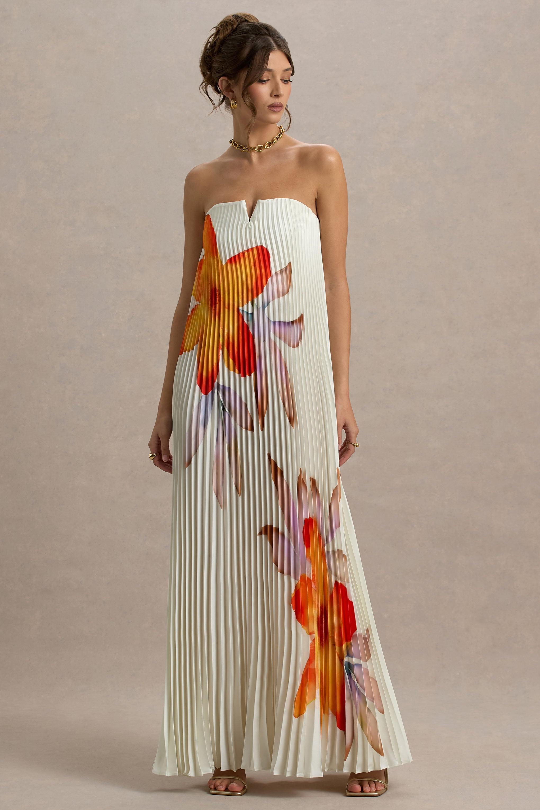 Bergamot | Orange Floral Satin Sweetheart Maxi Dress