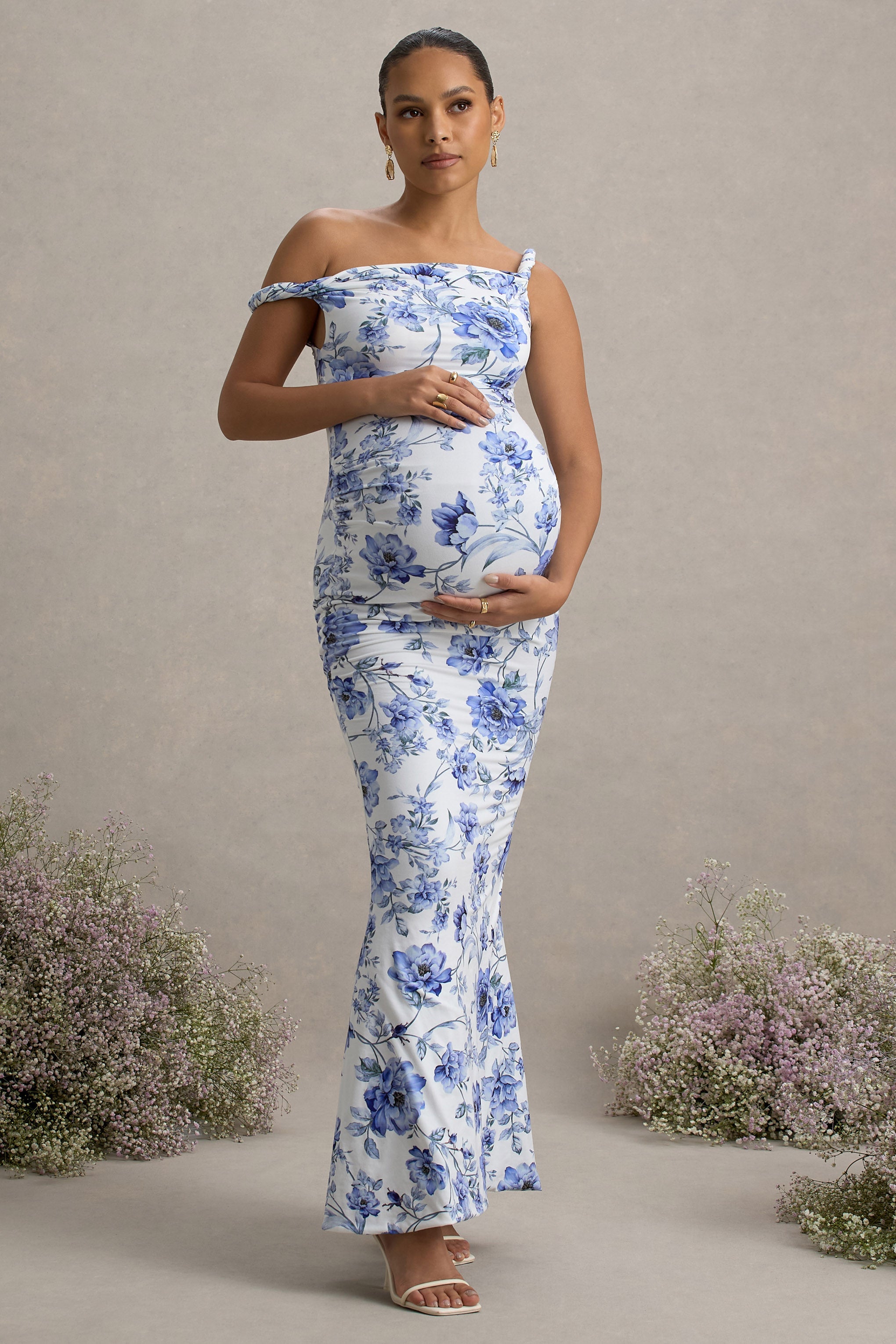 Lita | Blue Floral Print Twisted Asymmetric Maternity Maxi Dress