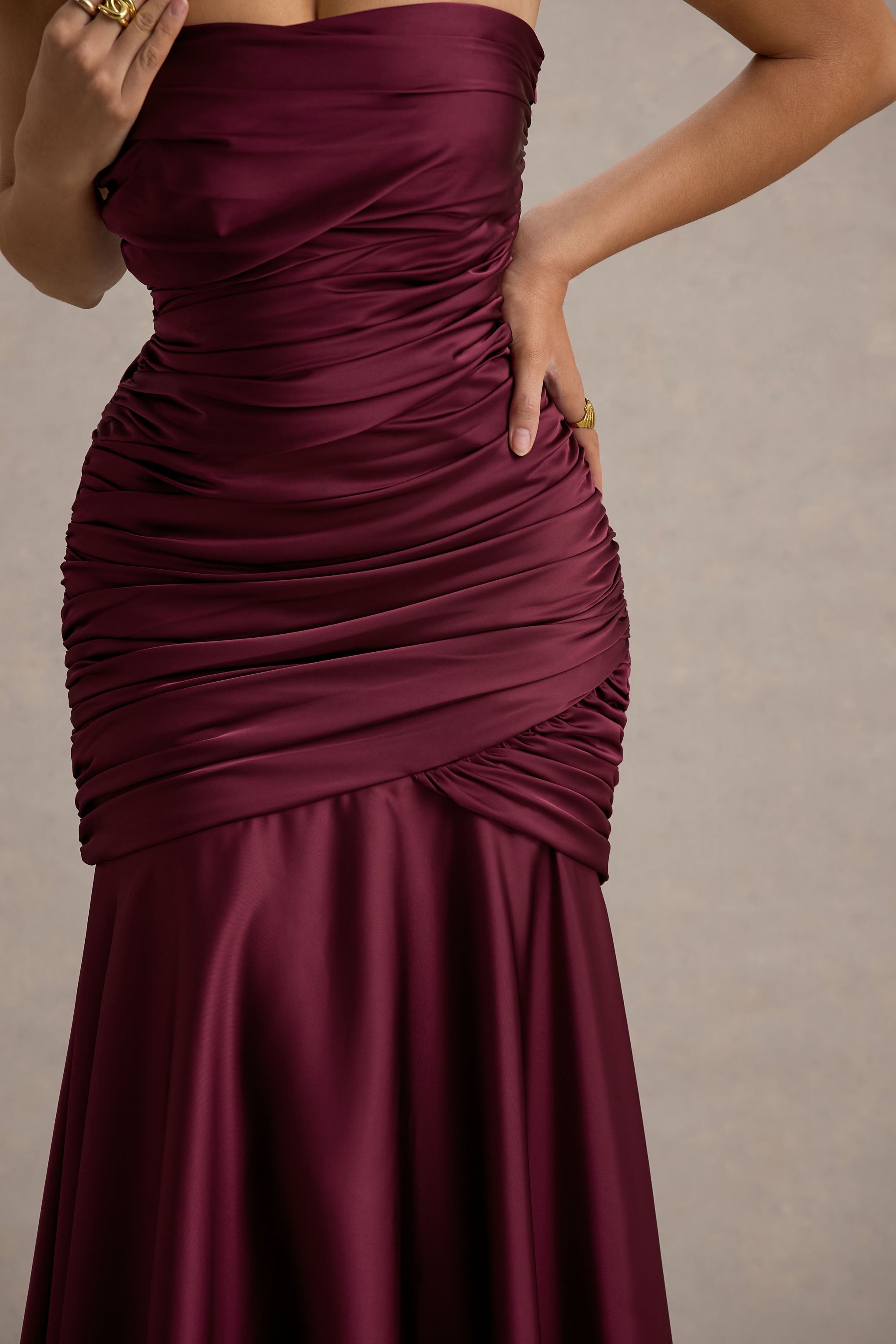 Cassidy | Burgundy Satin Bandeau Gathered Maxi Dress