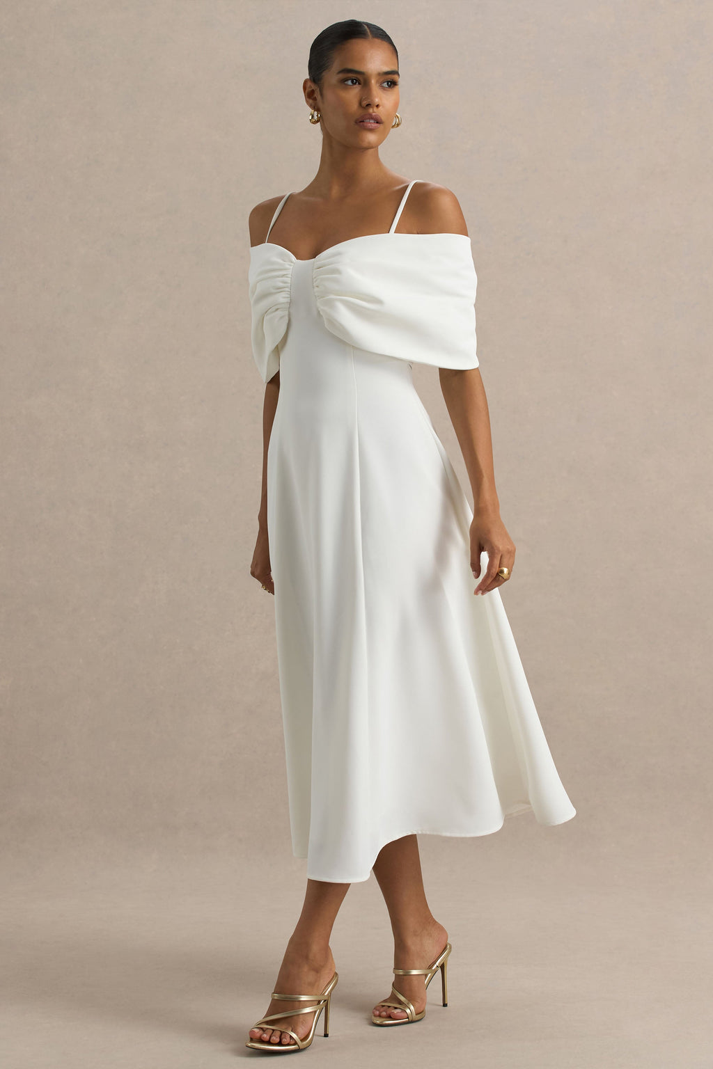 Hettie | White Short-Sleeve Bardot Midi Dress With Bow Detail