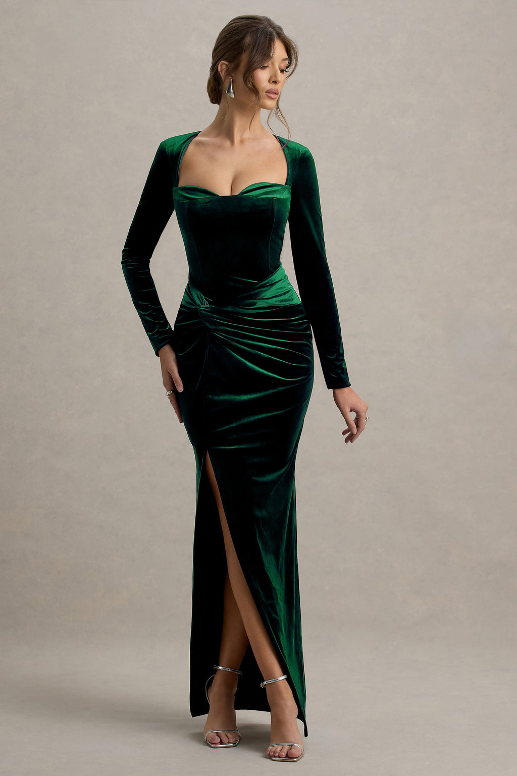 Fay | Bottle Green Velvet Corset Style Knot Maxi Dress