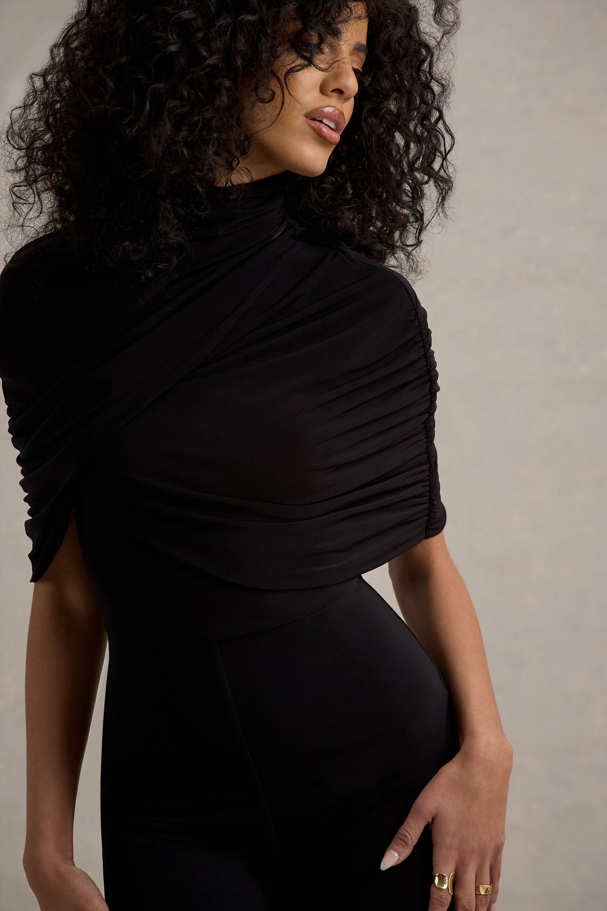 Isoline | Black Twist Cape Flared-Leg Jumpsuit