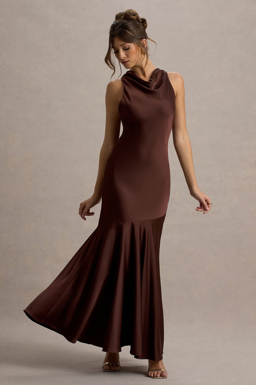 Amelita | Brown Satin Cowl-Neck Maxi Dress