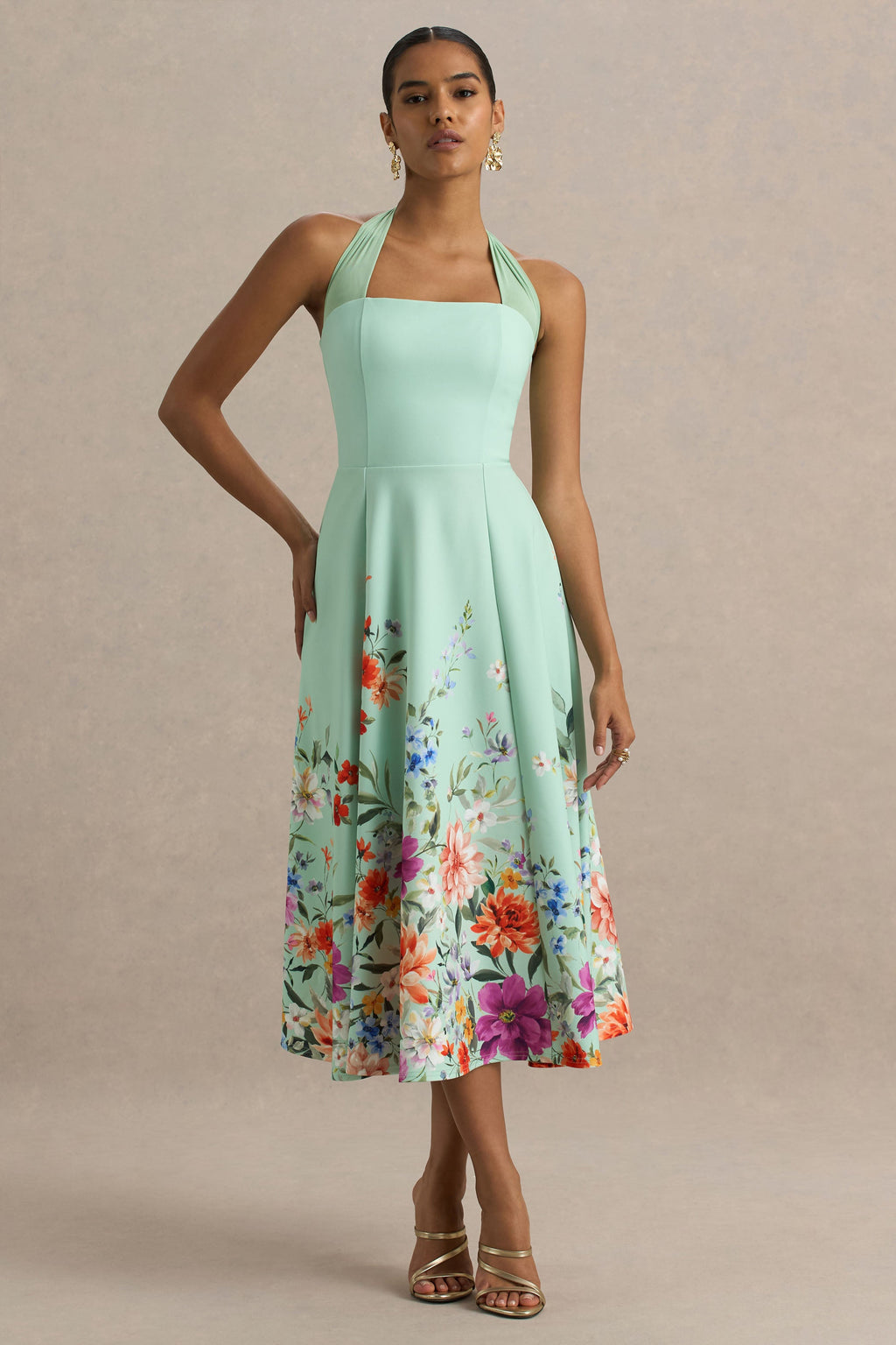 Auburn | Mint Placement Floral Halter-Neck Midi Dress