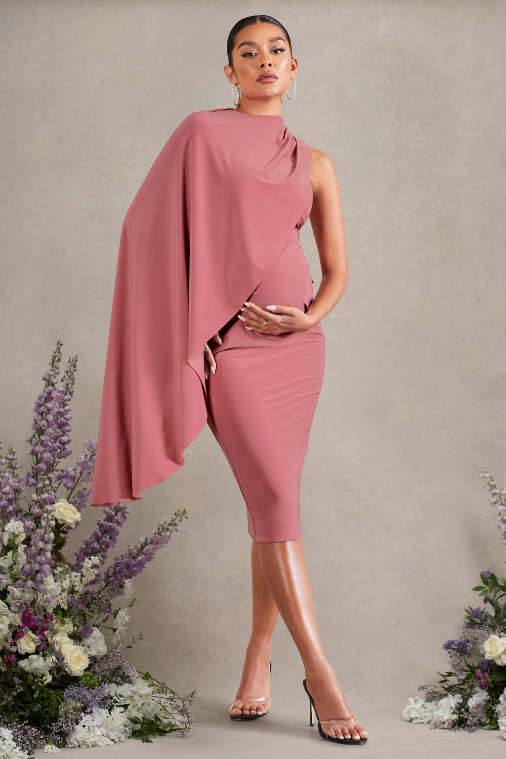 New Chapter | Blush Pink Asymmetric Maternity Midi Dress With Cape