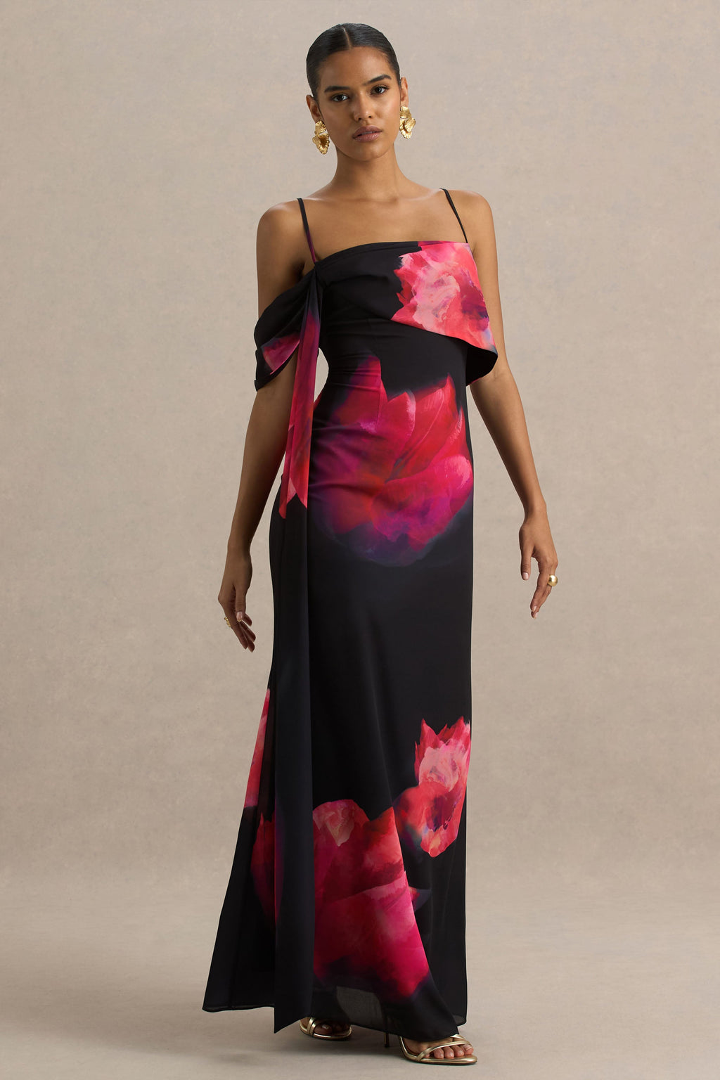 Leonara | Black And Pink Floral Print Cowl-Neck Maxi Dress With One-Sleeve