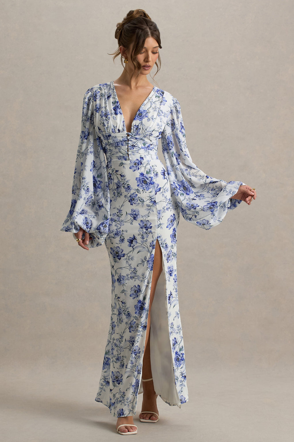 Casarile | Blue Floral Print V-Neck Balloon Sleeve Maxi Dress