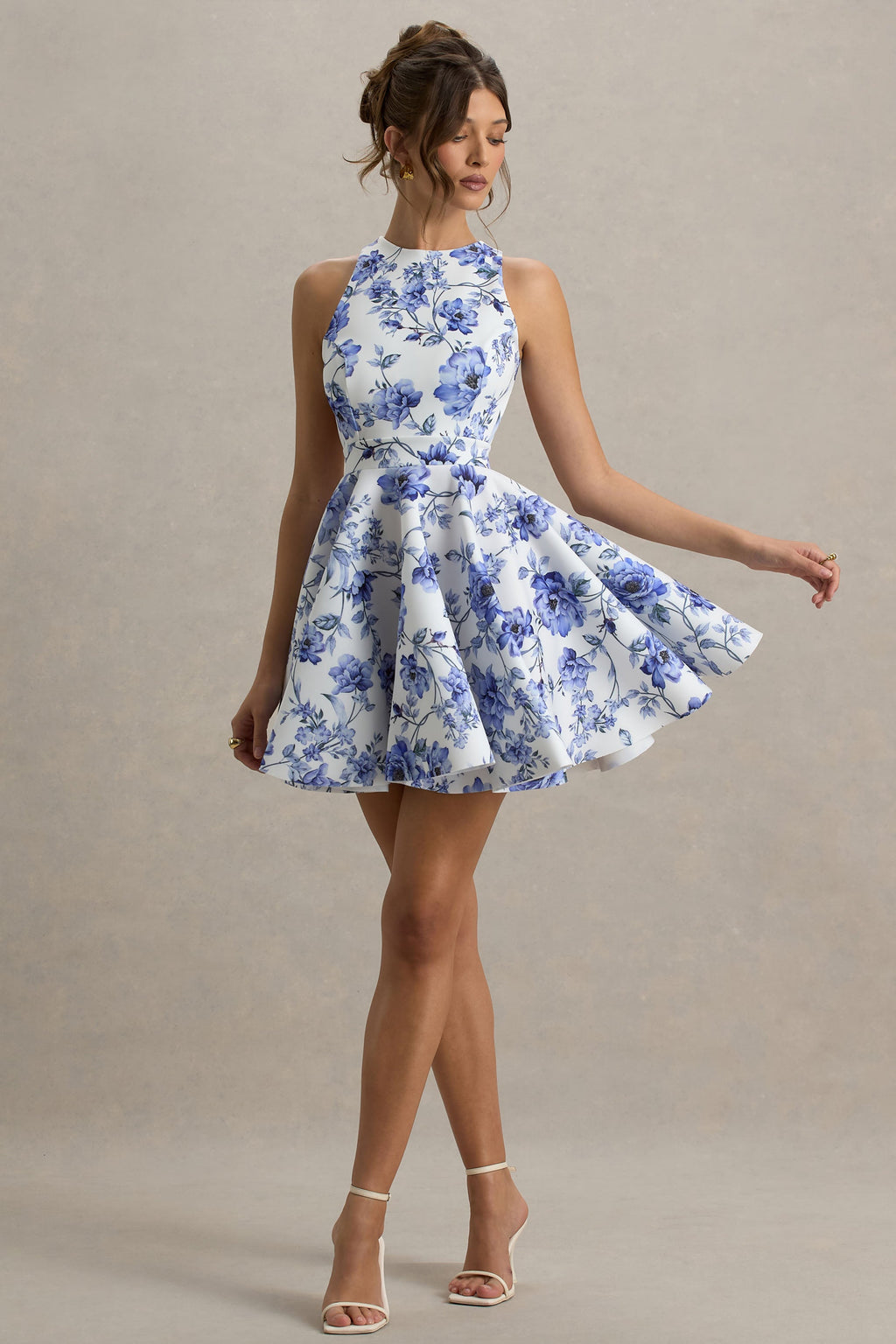 Waverly | Blue Floral Racer-Neck Sleeveless Skater Mini Dress