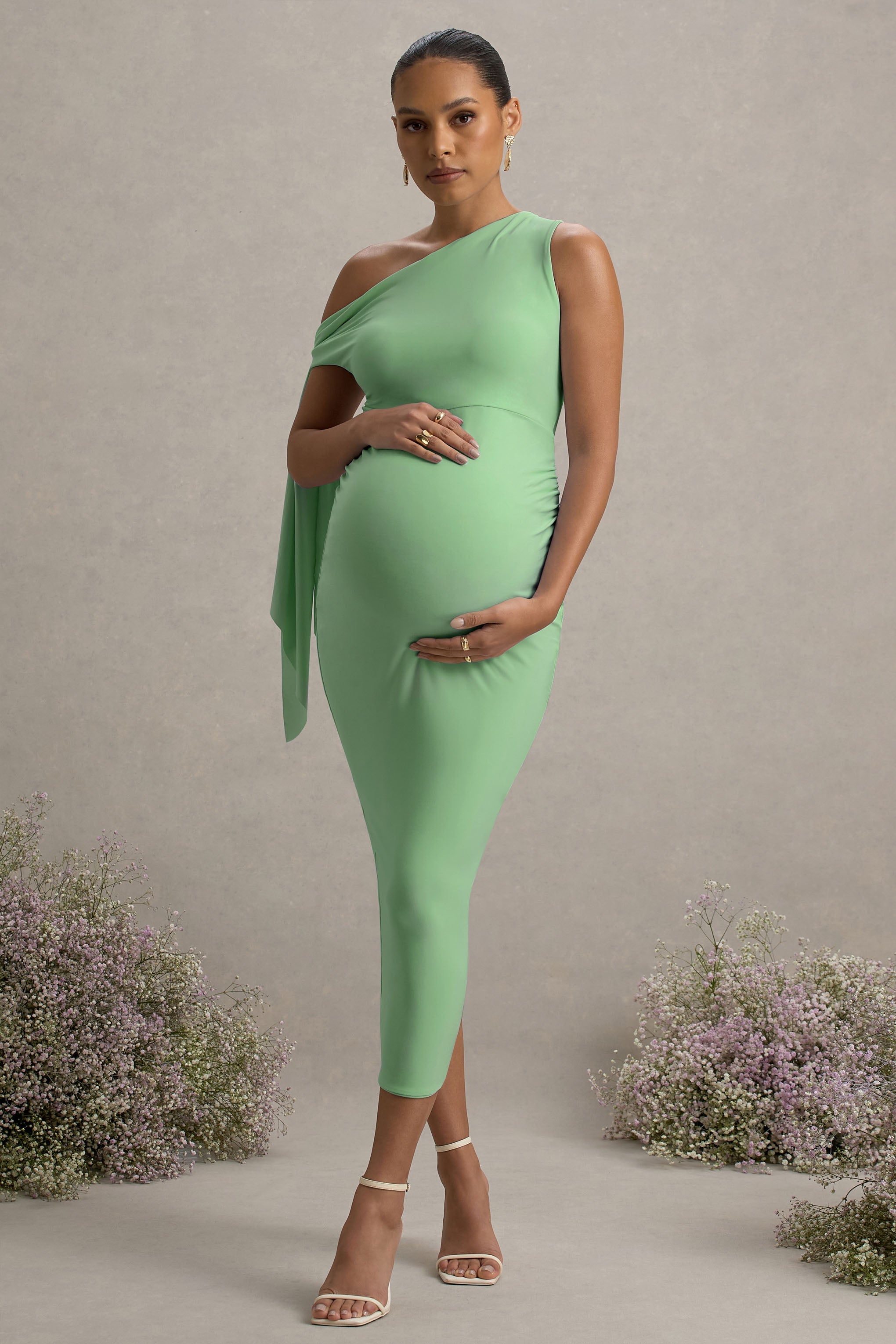 Katarine | Light Green Asymmetric Knot Maternity Midi Dress