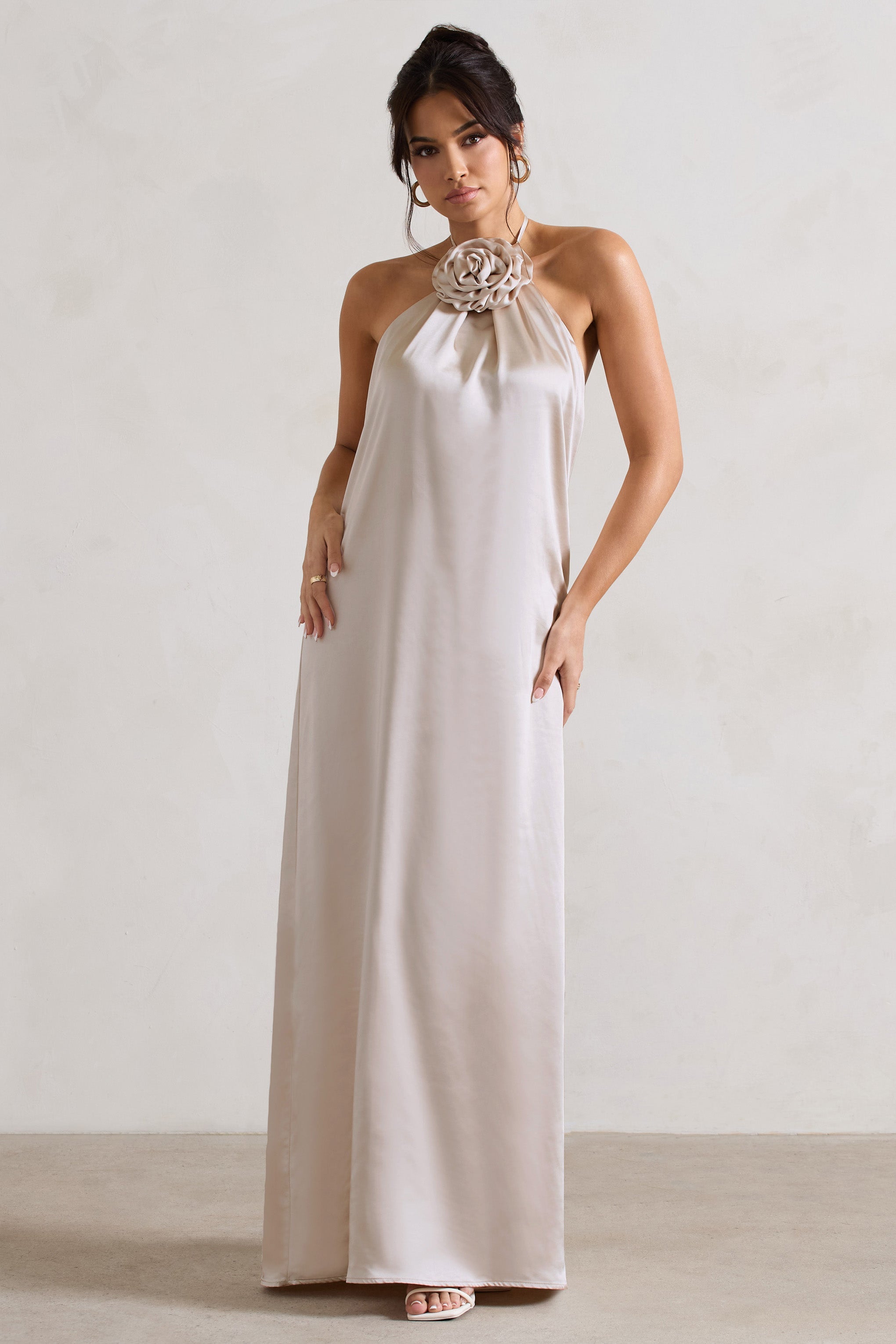 Everleigh | Cream Satin Relaxed Fit Maxi Column Dress With Corsage