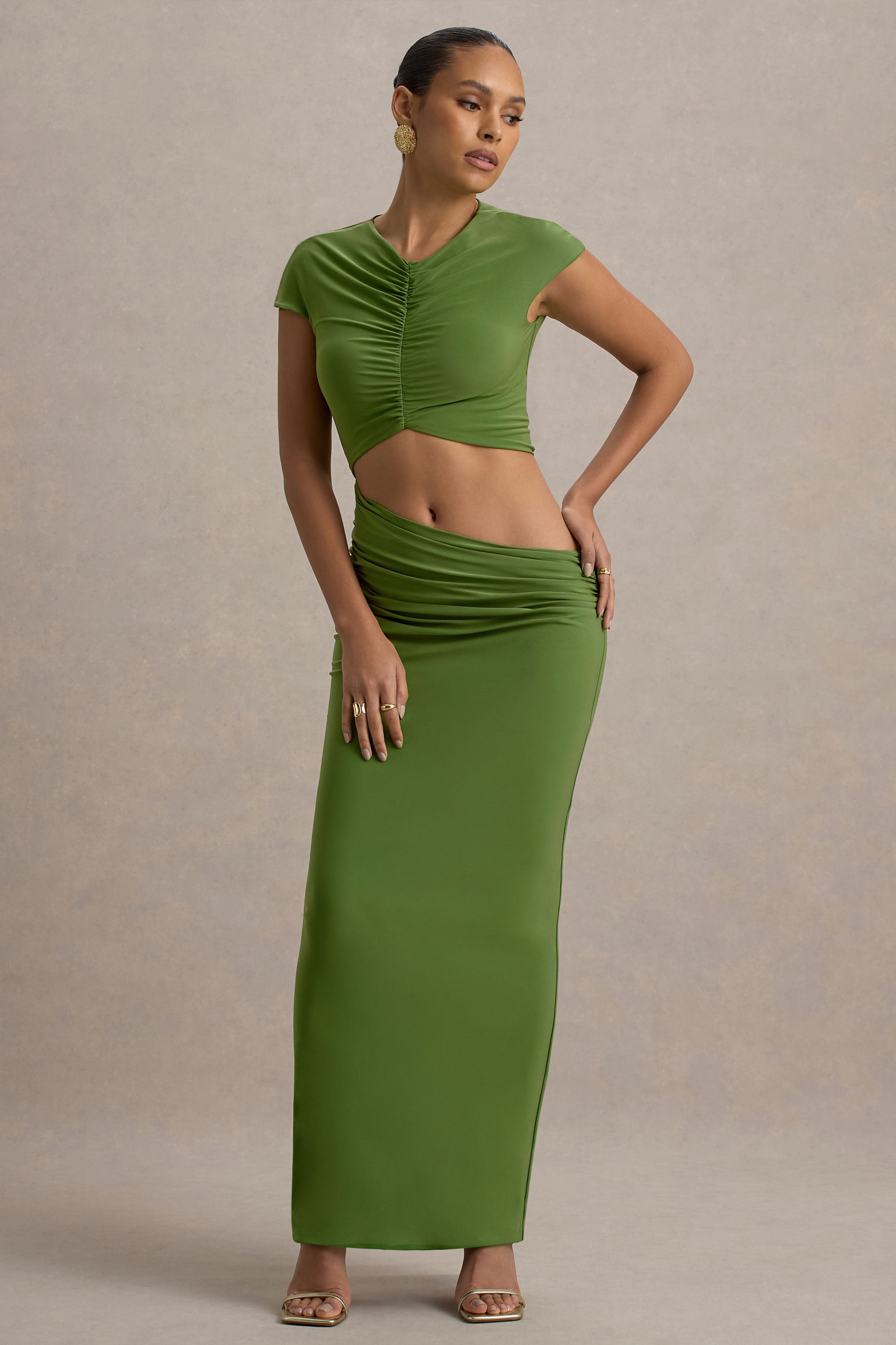 Pia | Green Short-Sleeve Maxi Dress With Cut-Out