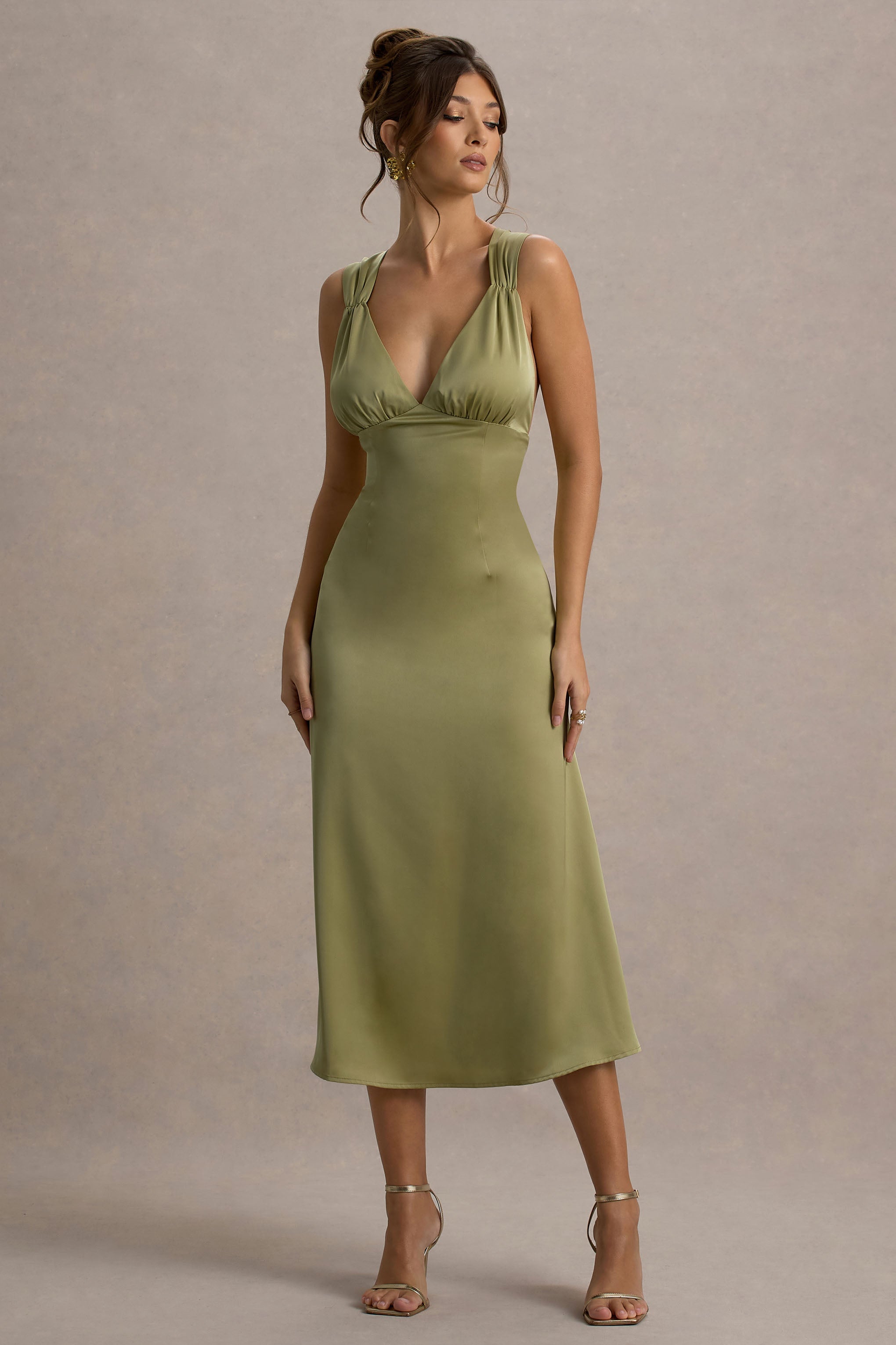 Beck | Light Green Satin Plunge-Neck Cross-Back Midi Dress