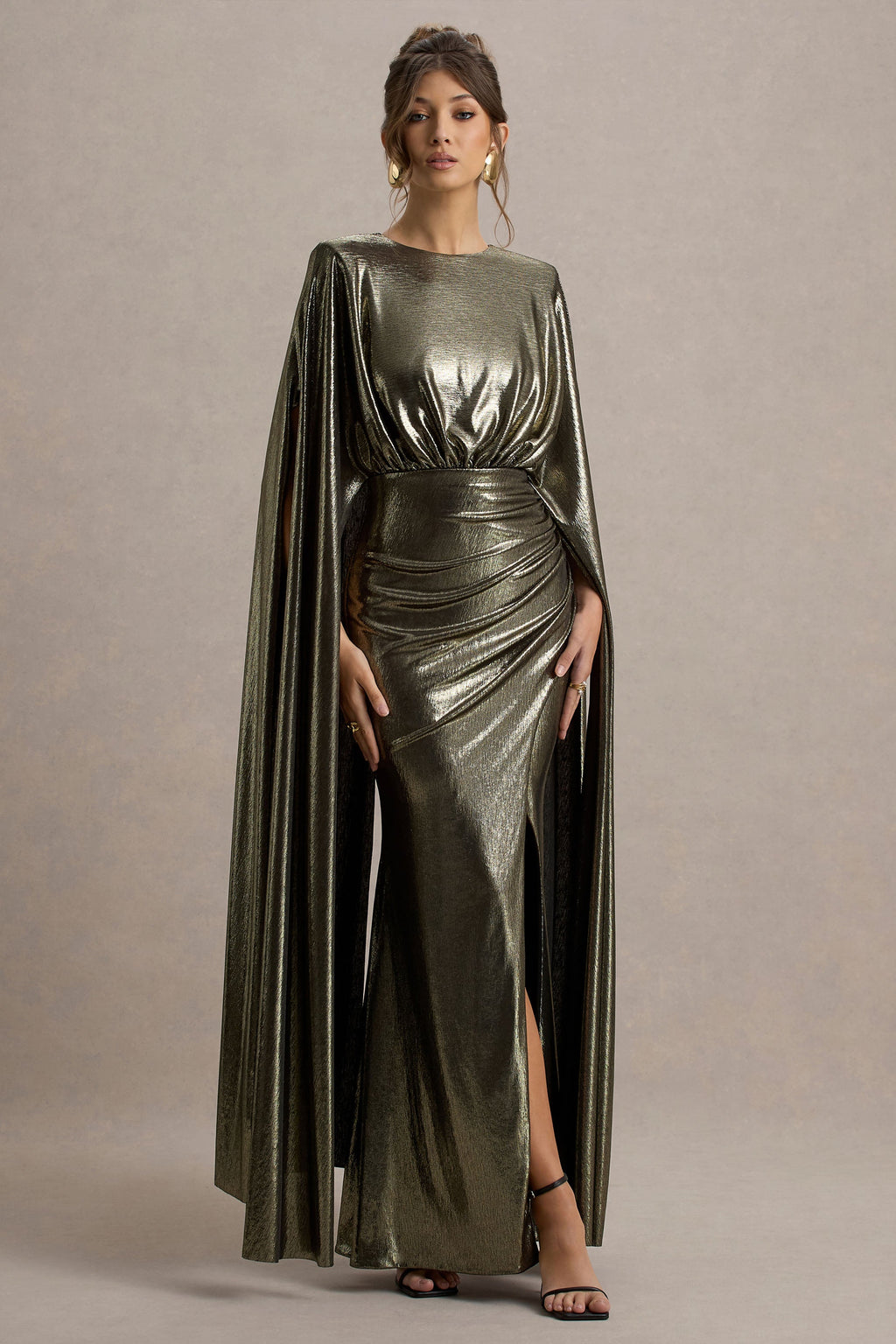 Theia | Gold Metallic Cape-Sleeve Split Maxi Dress