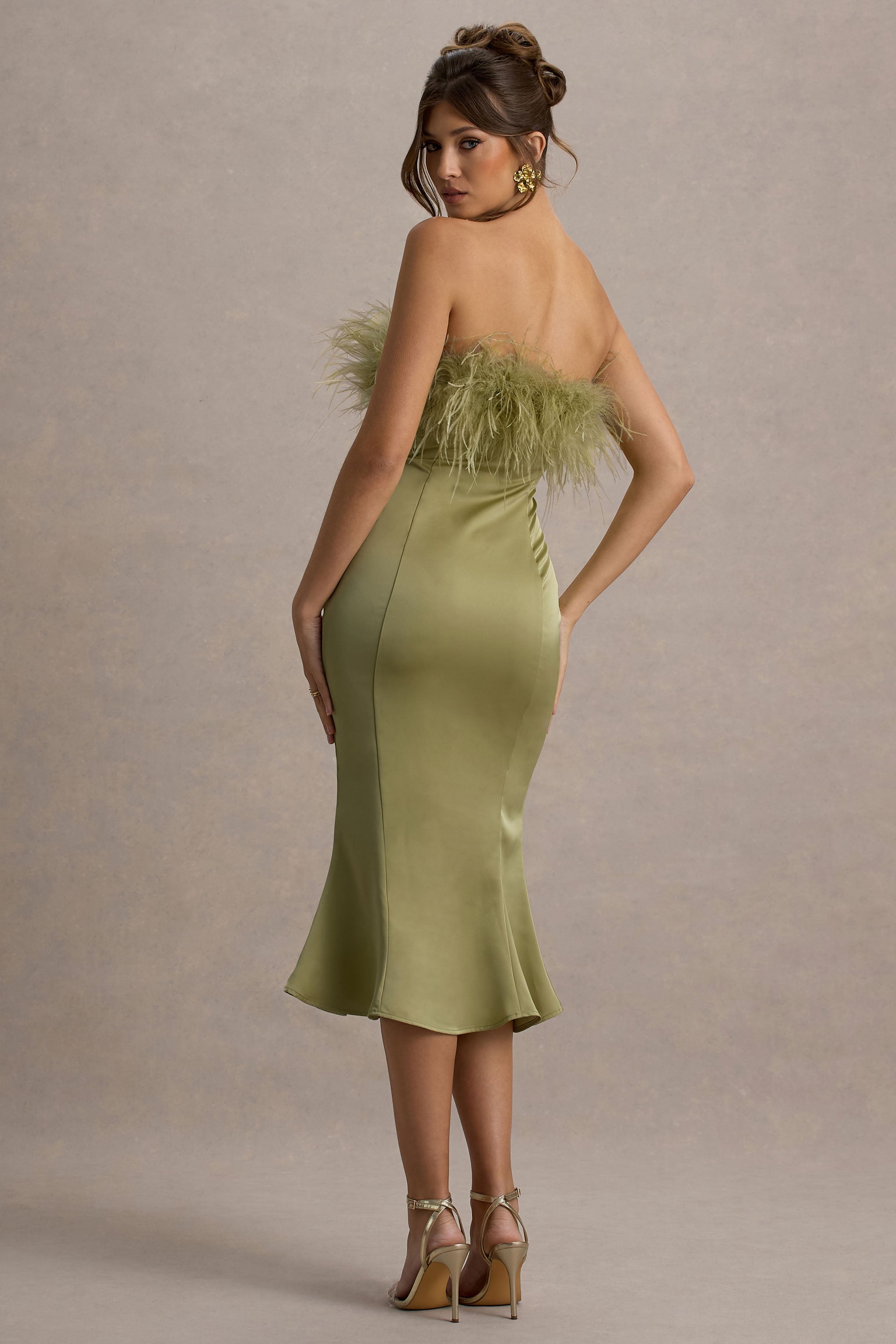One And Only | Light Green Satin Feather Trim Bandeau Midi Dress