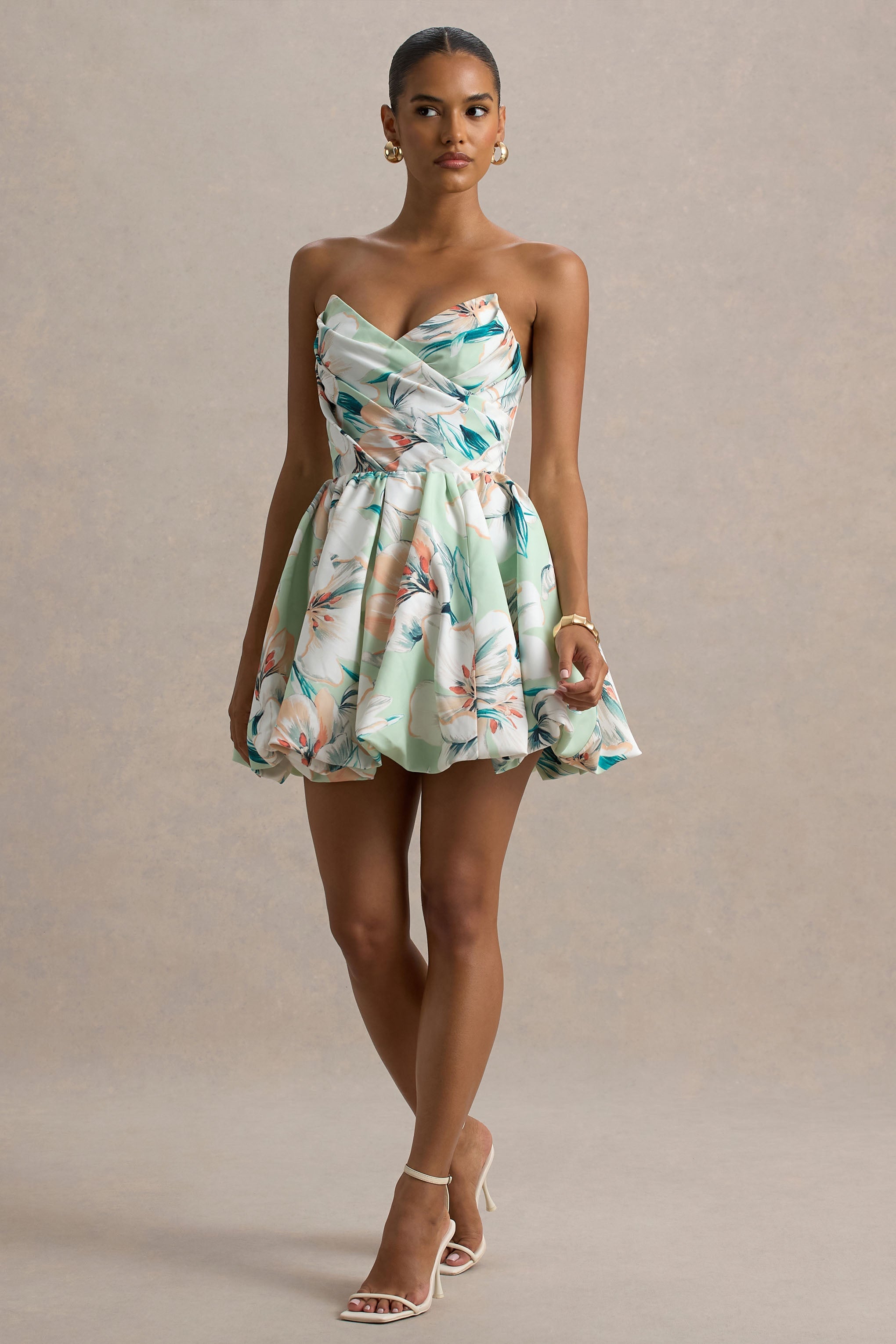 Georgie | Green Floral Print Sweetheart Puffball Mini Dress