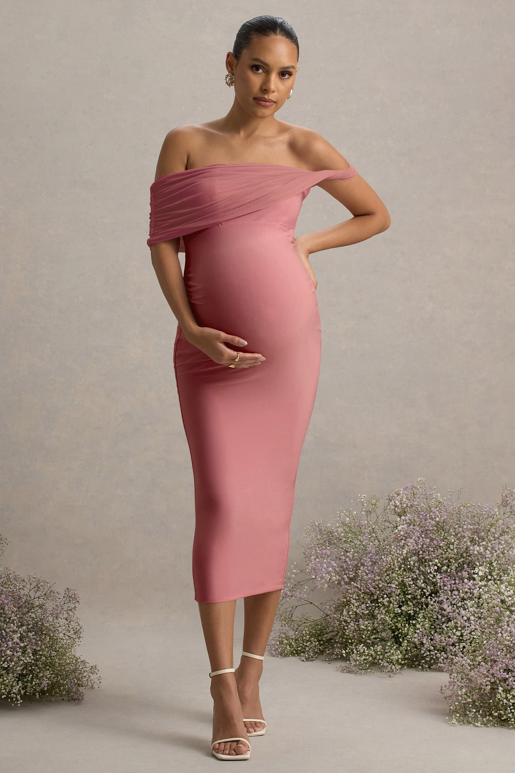 Jen | Pink Bardot Twisted Maternity Midi Dress