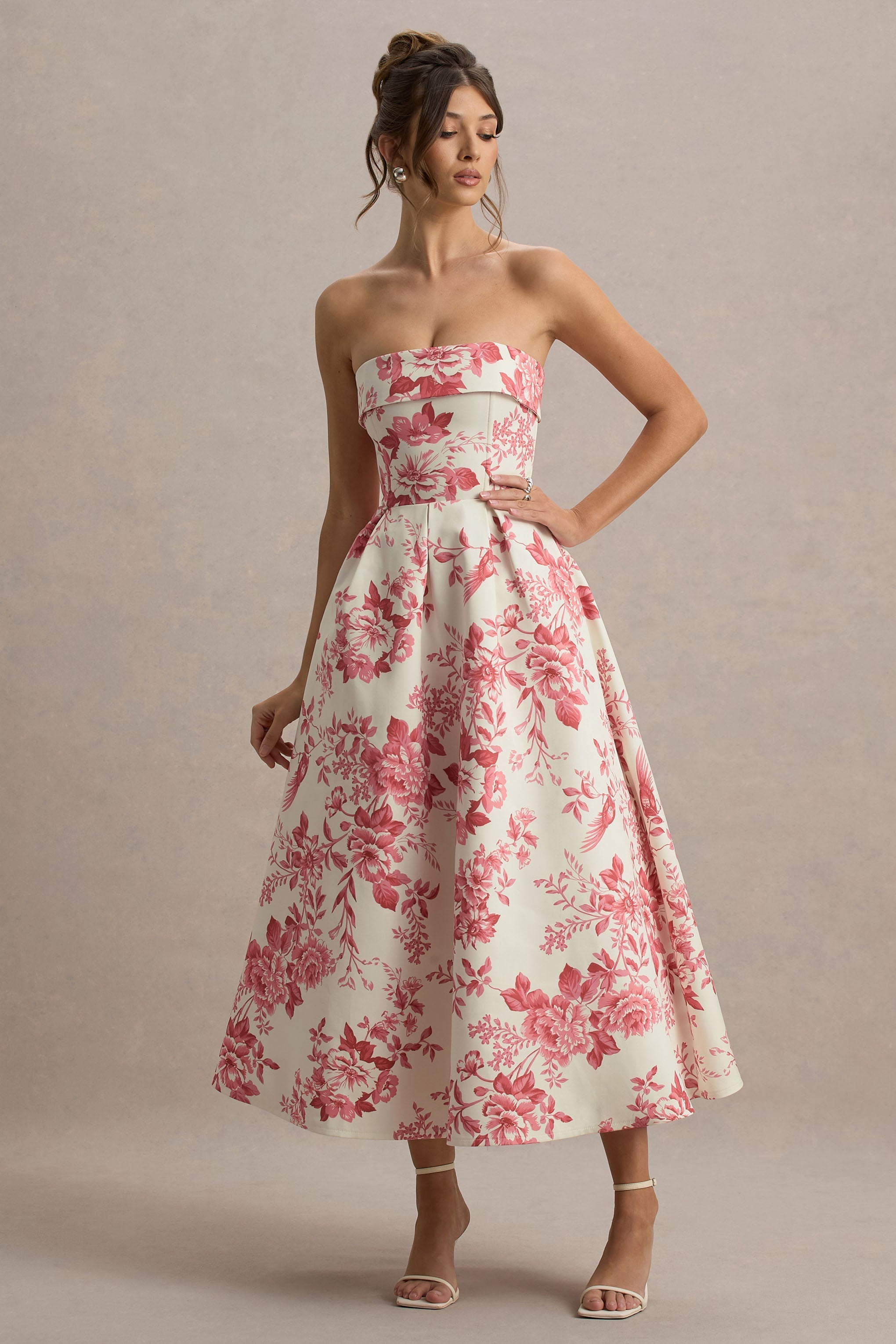 Annalise | Pink Porcelain Print Bandeau Skater Midi Dress