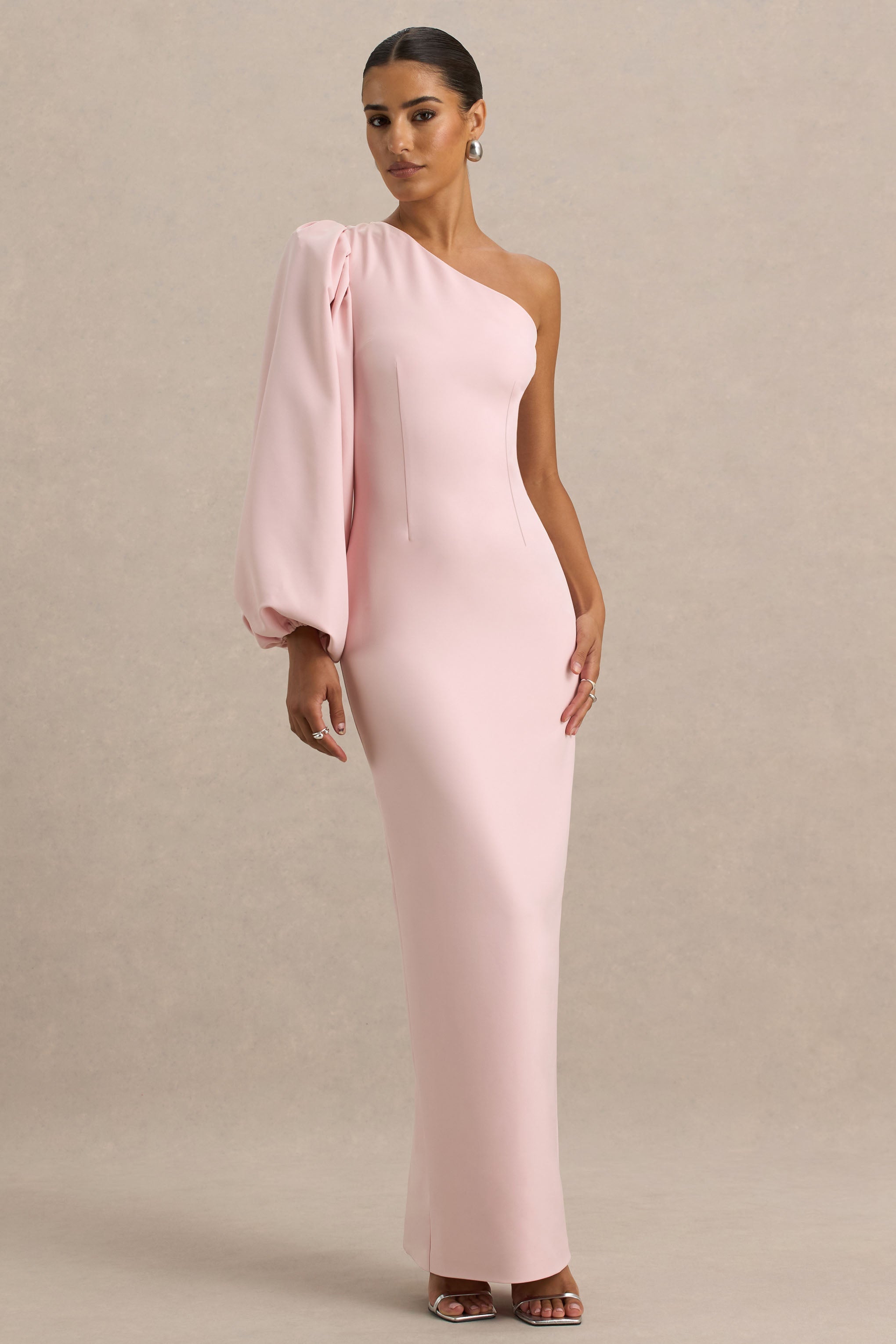 Kellis | Pink Asymmetric Maxi Dress With Balloon Sleeve