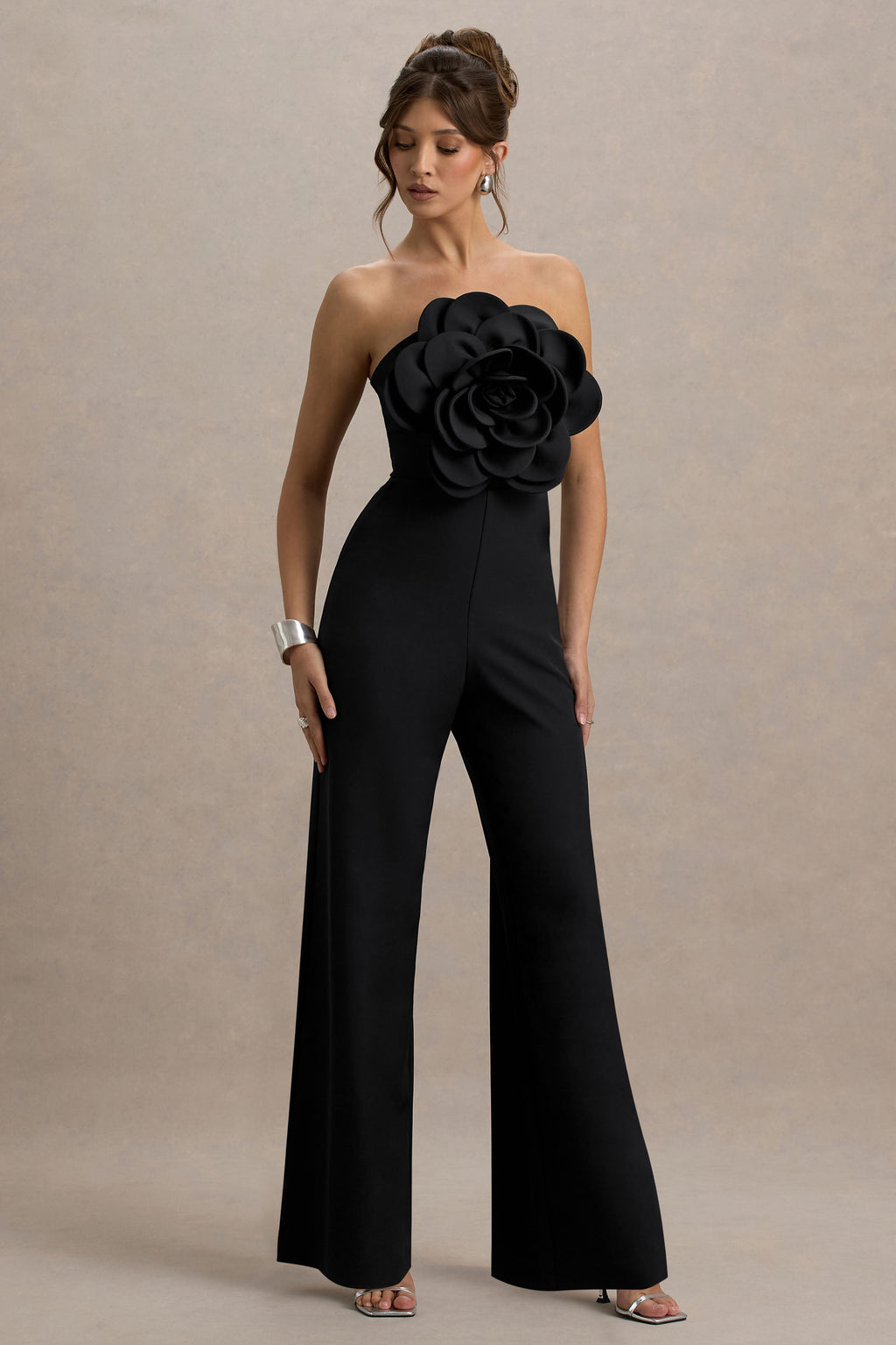 Opia | Black Bandeau Wide-Leg Jumpsuit With Large Floral Corsage