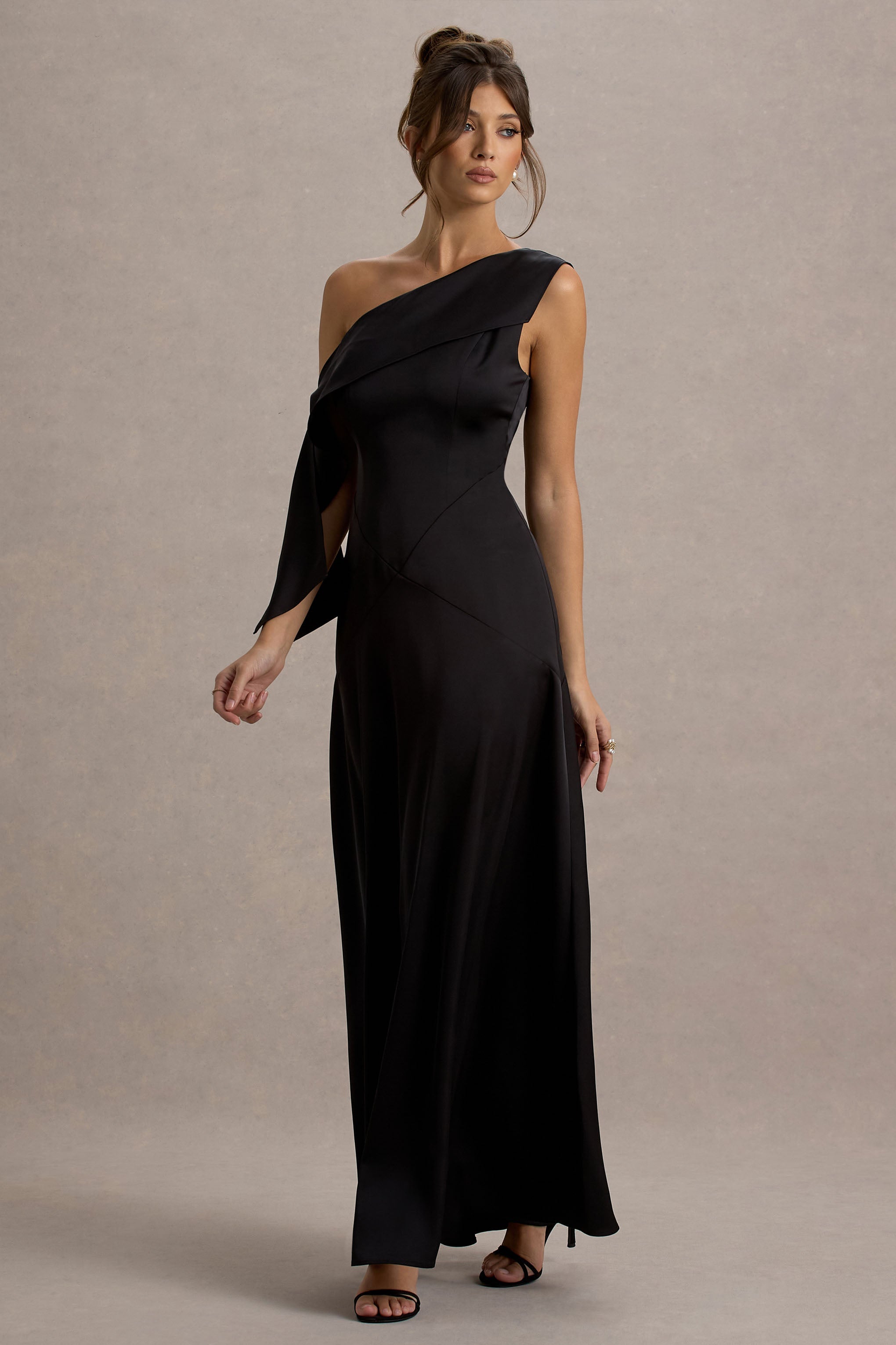 Nicola | Black Satin Asymmetric Bardot Draped Maxi Dress