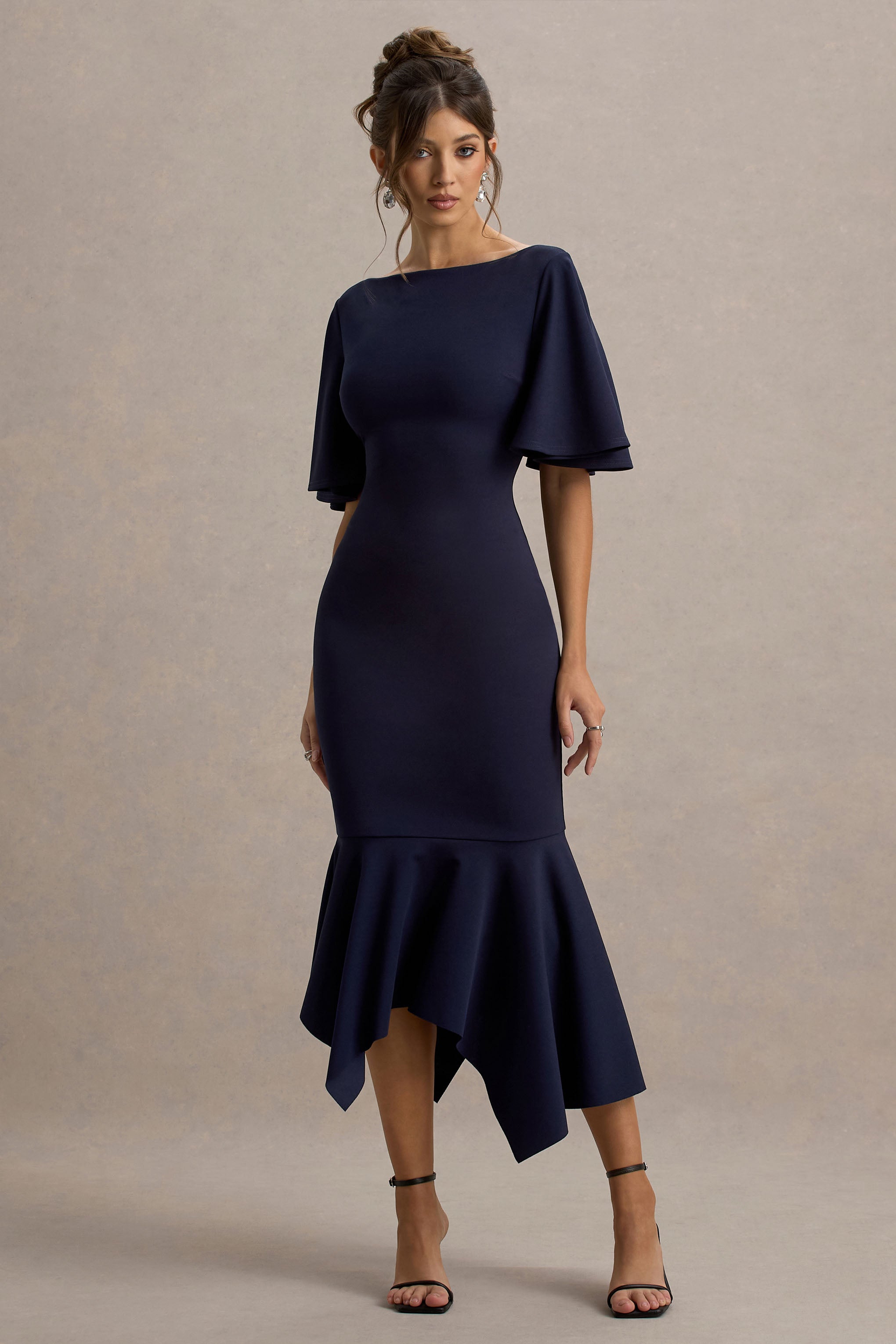 Ashling | Navy Flutter-Sleeve Hanky-Hem Midi Dress
